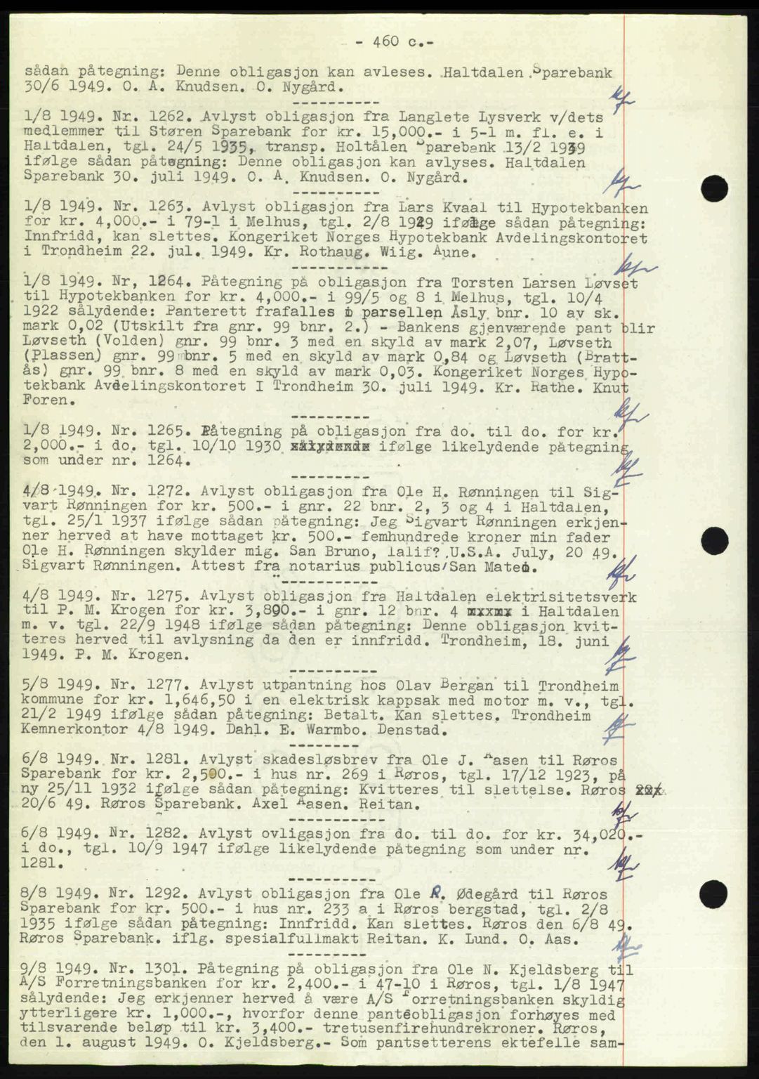 Gauldal sorenskriveri, SAT/A-0014/1/2/2C: Pantebok nr. A8, 1949-1949, Dagboknr: 1262/1949