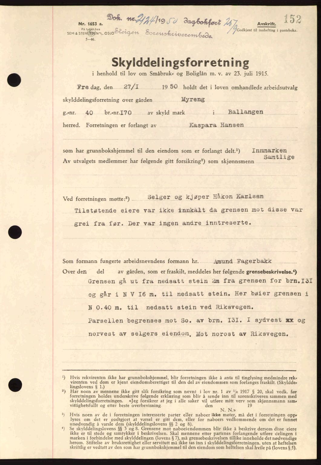 Steigen og Ofoten sorenskriveri, SAT/A-0030/1/2/2C: Pantebok nr. A21, 1950-1950, Dagboknr: 2124/1950