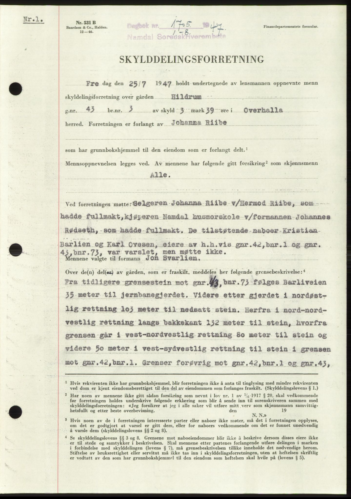 Namdal sorenskriveri, SAT/A-4133/1/2/2C: Pantebok nr. -, 1947-1947, Dagboknr: 1705/1947