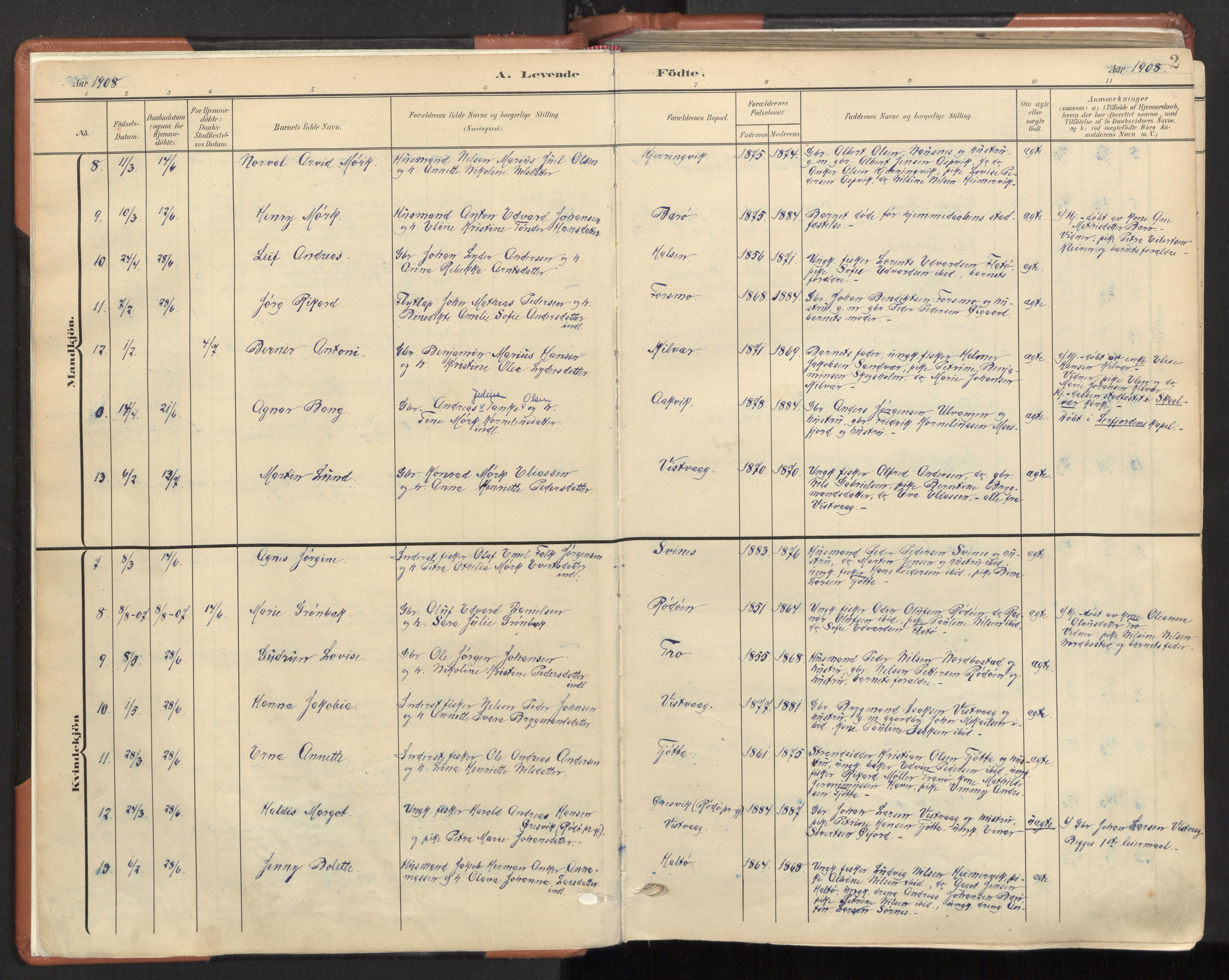 Ministerialprotokoller, klokkerbøker og fødselsregistre - Nordland, AV/SAT-A-1459/817/L0265: Ministerialbok nr. 817A05, 1908-1944, s. 2