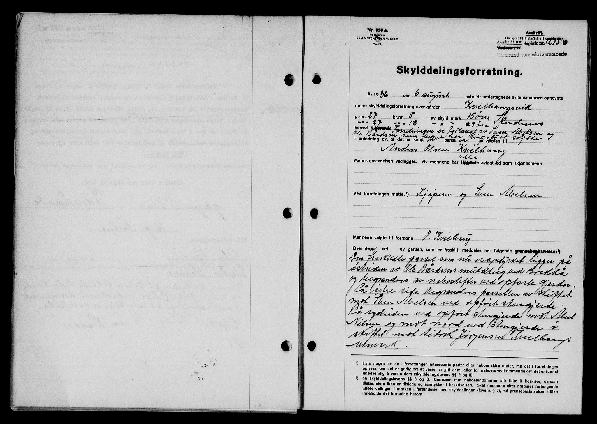 Karmsund sorenskriveri, SAST/A-100311/01/II/IIB/L0066: Pantebok nr. 47A, 1936-1936, Dagboknr: 1273/1936