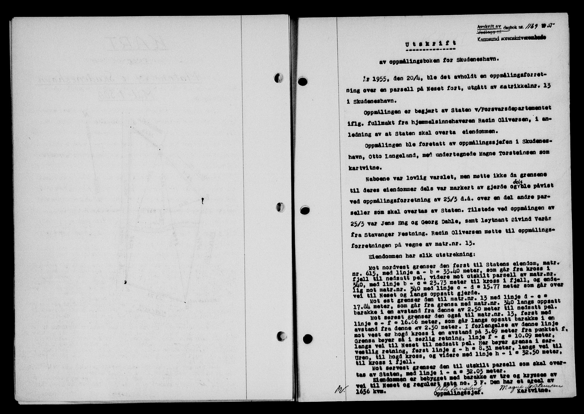 Karmsund sorenskriveri, AV/SAST-A-100311/01/II/IIB/L0115: Pantebok nr. 95A, 1955-1955, Dagboknr: 1169/1955