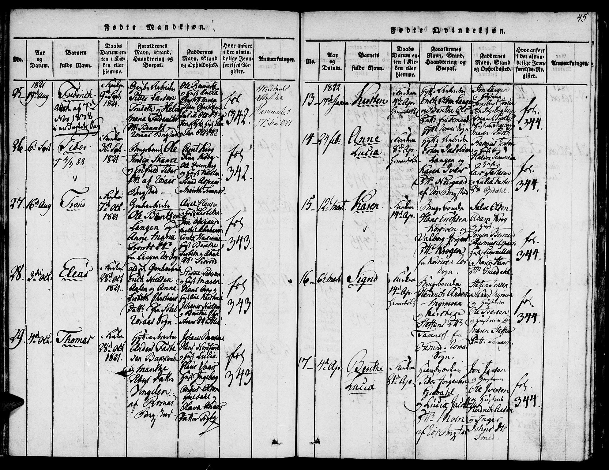 Ministerialprotokoller, klokkerbøker og fødselsregistre - Sør-Trøndelag, SAT/A-1456/681/L0929: Ministerialbok nr. 681A07, 1817-1828, s. 45
