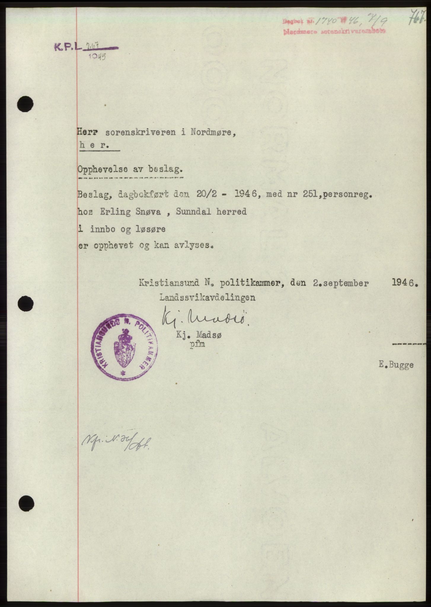 Nordmøre sorenskriveri, SAT/A-4132/1/2/2Ca: Pantebok nr. B94, 1946-1946, Dagboknr: 1740/1946