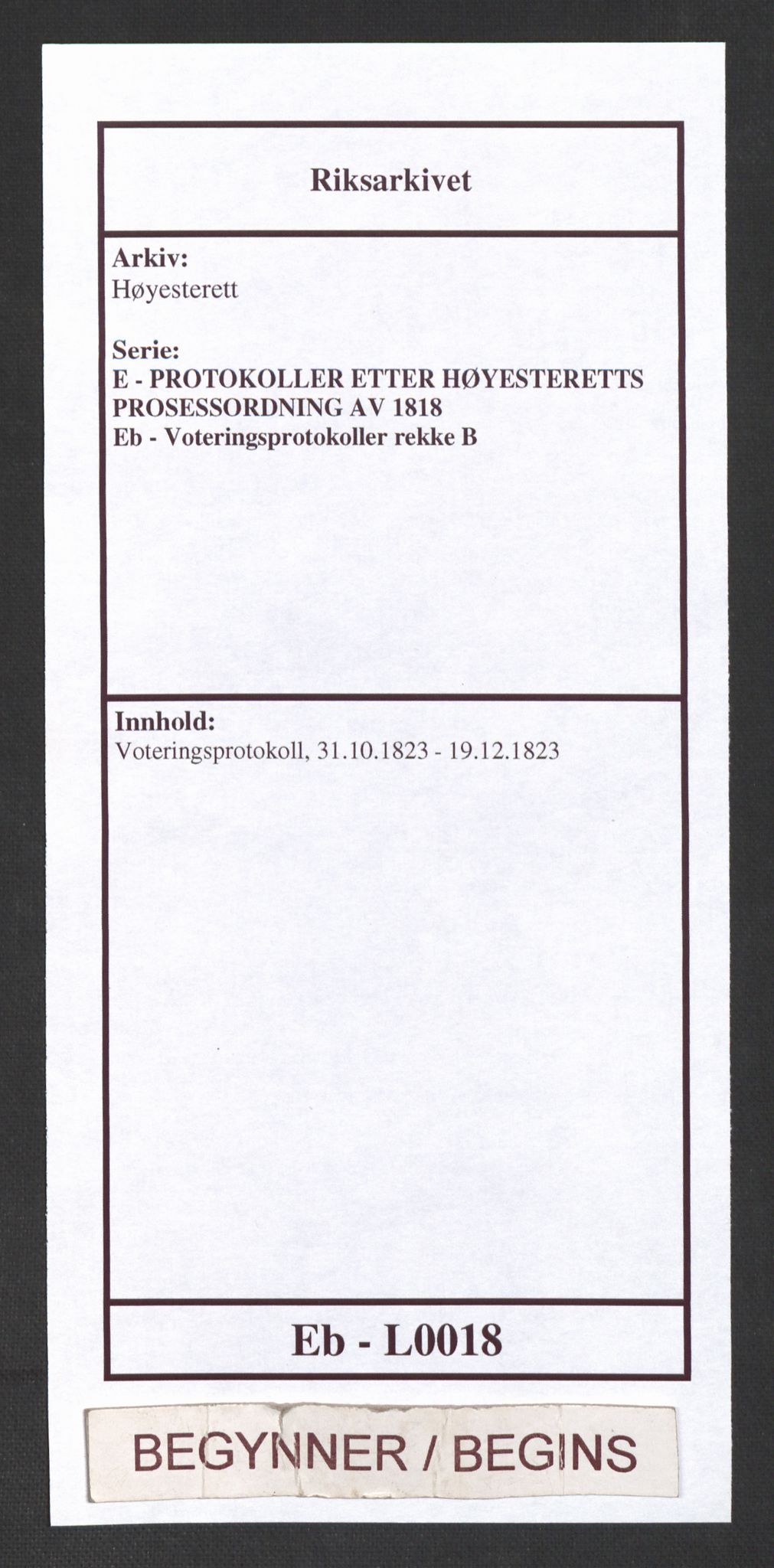 Høyesterett, RA/S-1002/E/Eb/Eba/L0009/0002: Voteringsprotokoller / Voteringsprotokoll, 1823