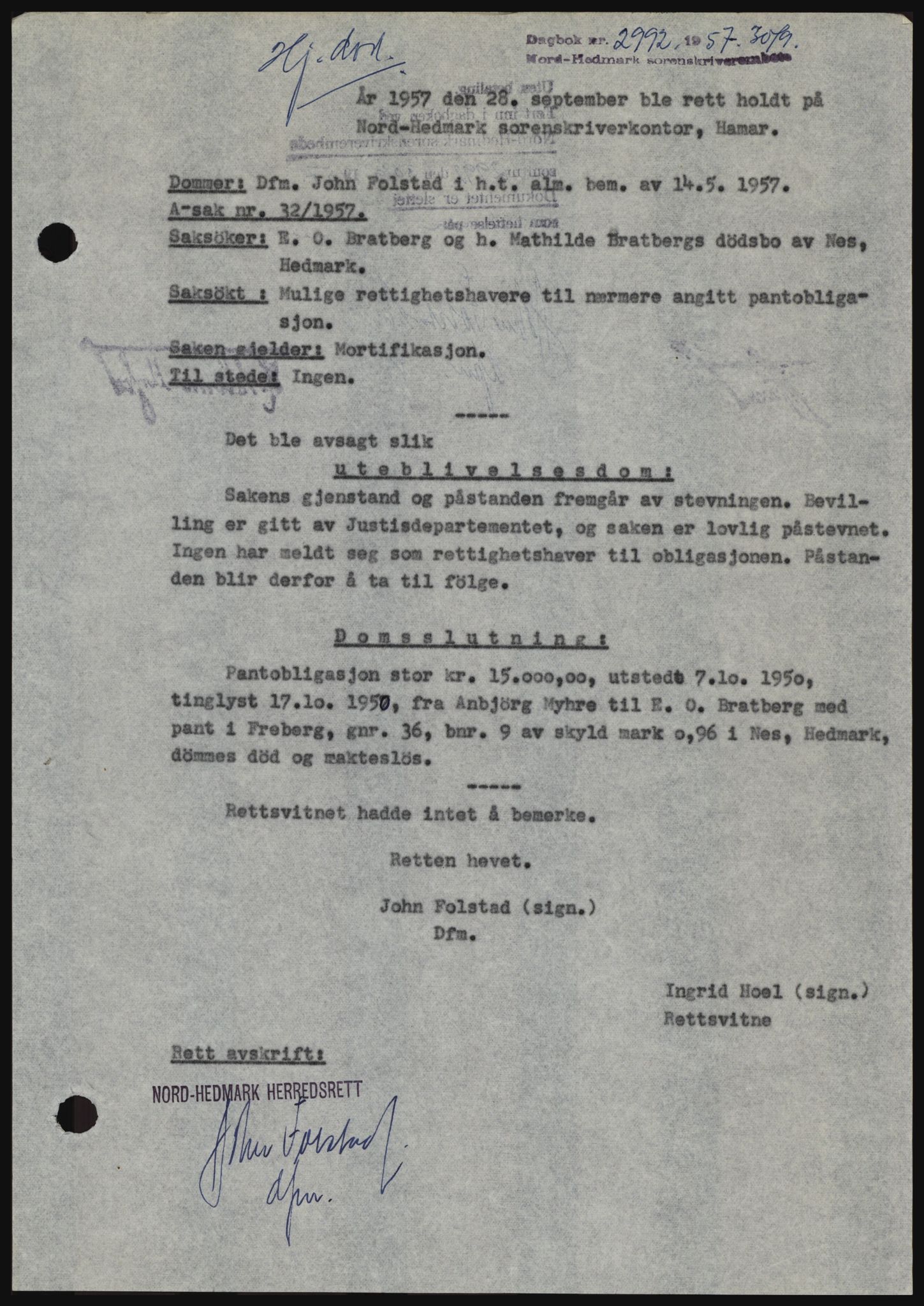 Nord-Hedmark sorenskriveri, SAH/TING-012/H/Hc/L0011: Pantebok nr. 11, 1956-1957, Dagboknr: 2992/1957