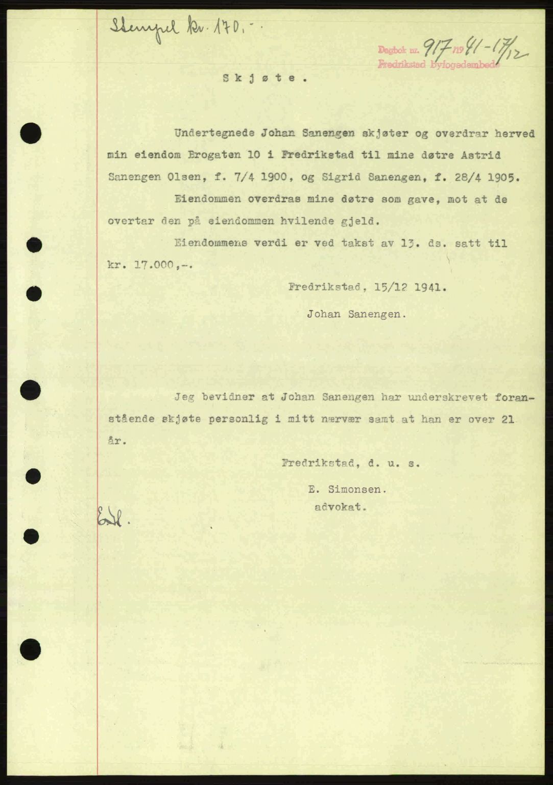 Fredrikstad byfogd, AV/SAO-A-10473a/G/Ga/Gac/L0002: Pantebok nr. A32a, 1940-1945, Dagboknr: 917/1941