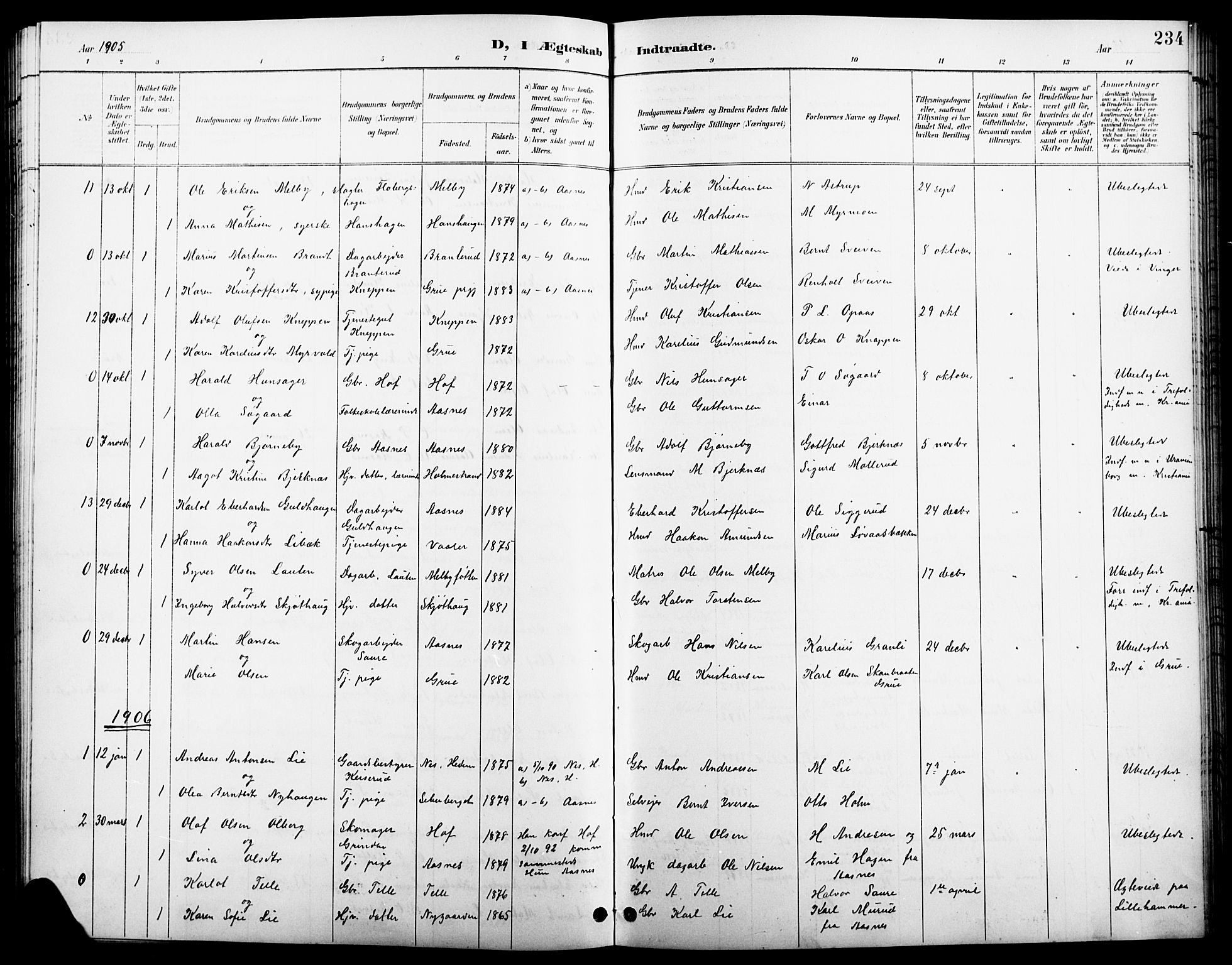 Åsnes prestekontor, AV/SAH-PREST-042/H/Ha/Hab/L0004: Klokkerbok nr. 4, 1895-1909, s. 234