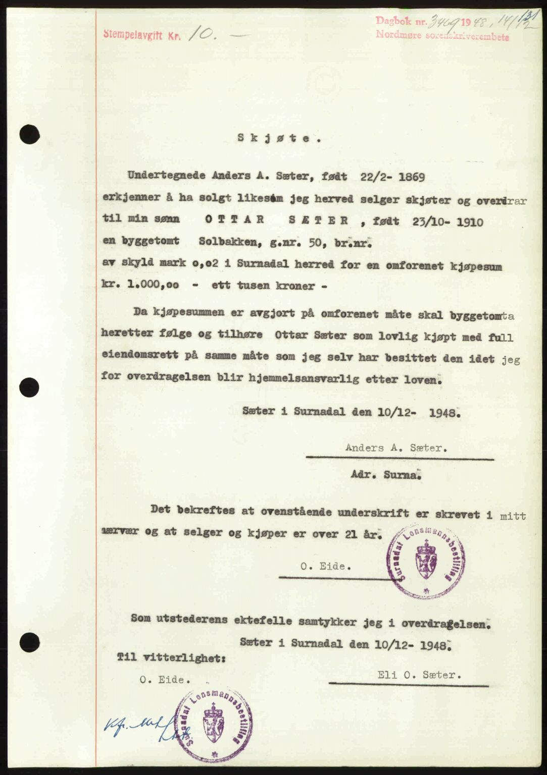 Nordmøre sorenskriveri, SAT/A-4132/1/2/2Ca: Pantebok nr. A110, 1948-1949, Dagboknr: 3469/1948