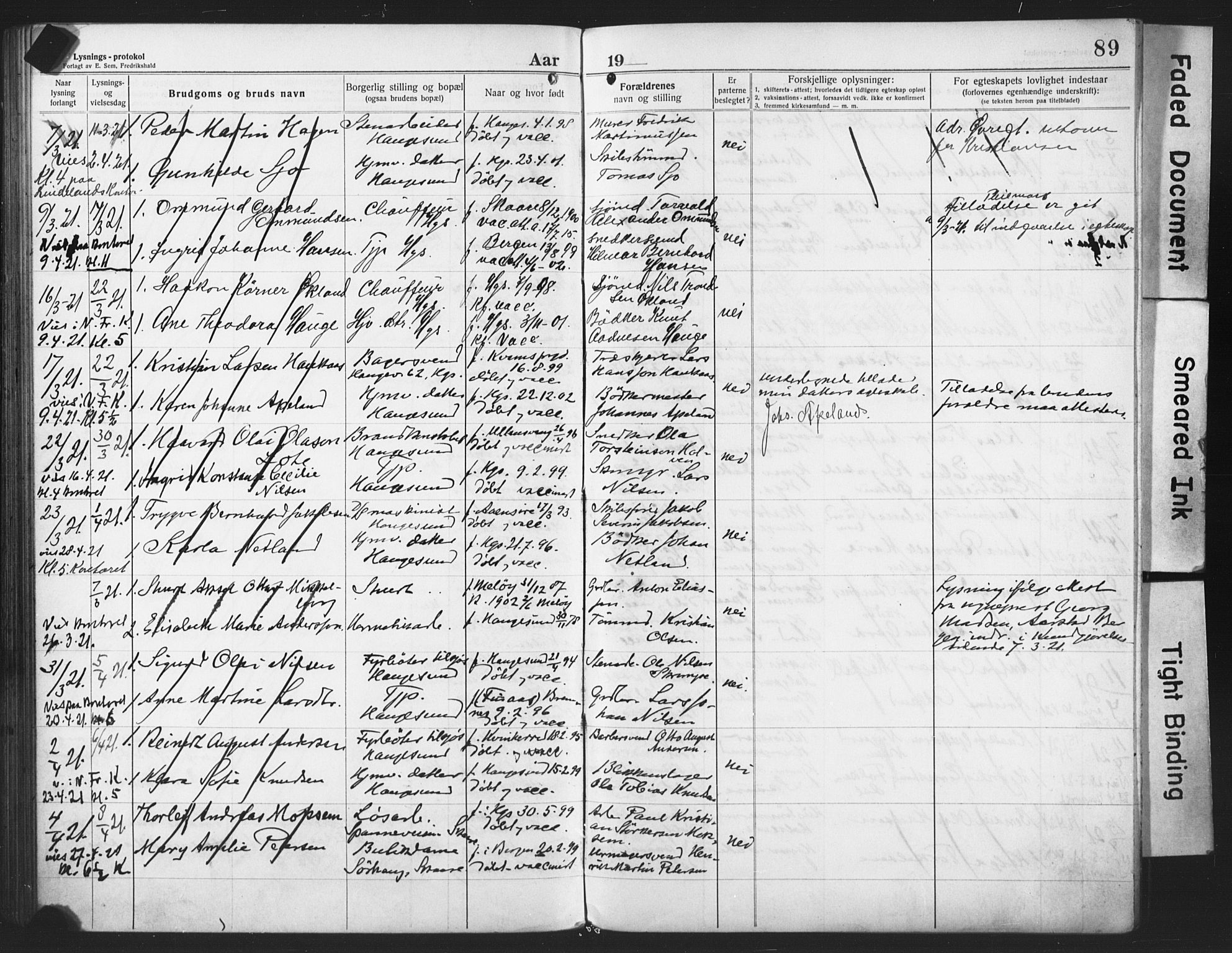 Haugesund sokneprestkontor, AV/SAST-A -101863/I/Ie/L0003: Lysningsprotokoll nr. VIII 3, 1916-1921, s. 89