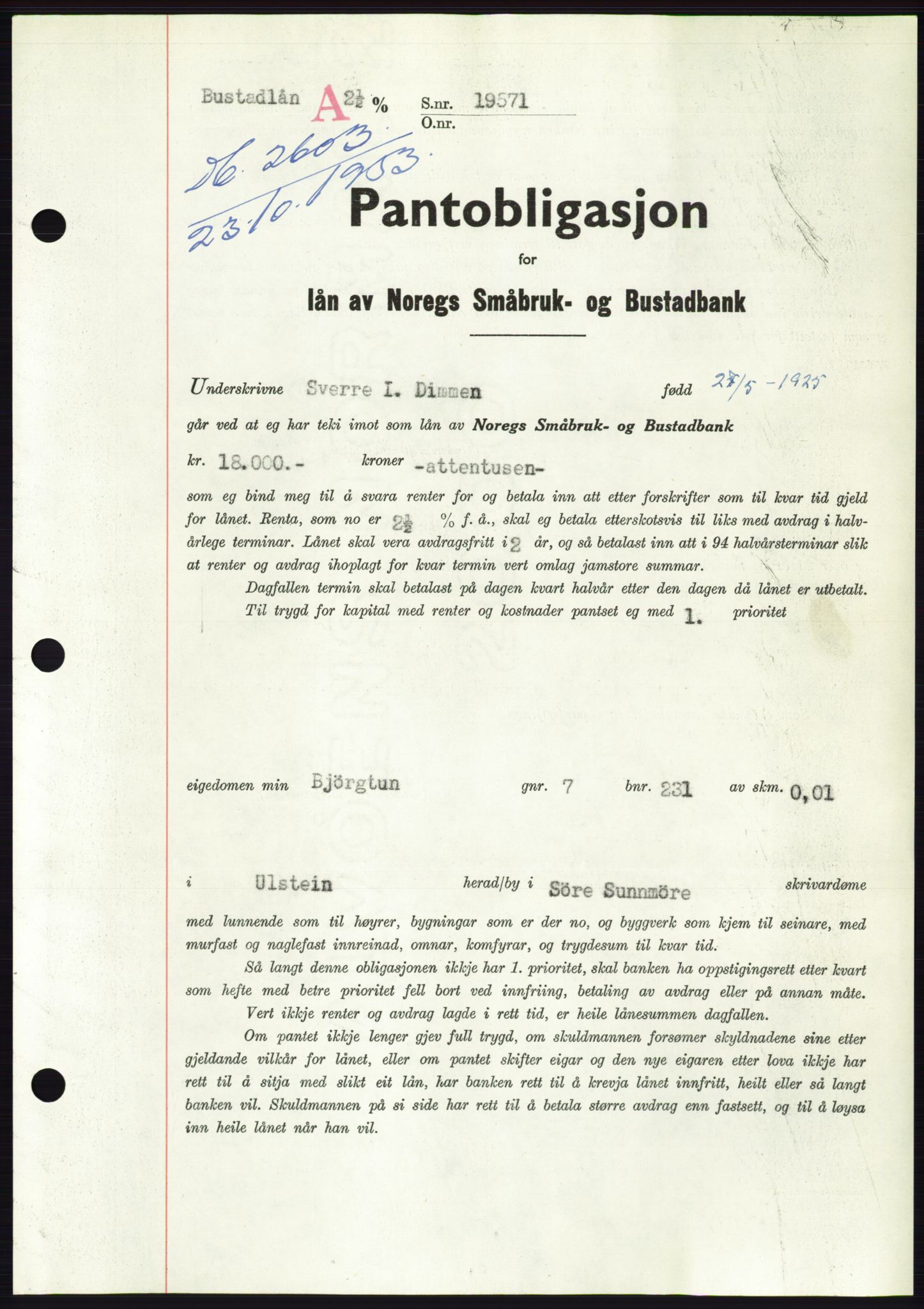 Søre Sunnmøre sorenskriveri, AV/SAT-A-4122/1/2/2C/L0124: Pantebok nr. 12B, 1953-1954, Dagboknr: 2603/1953