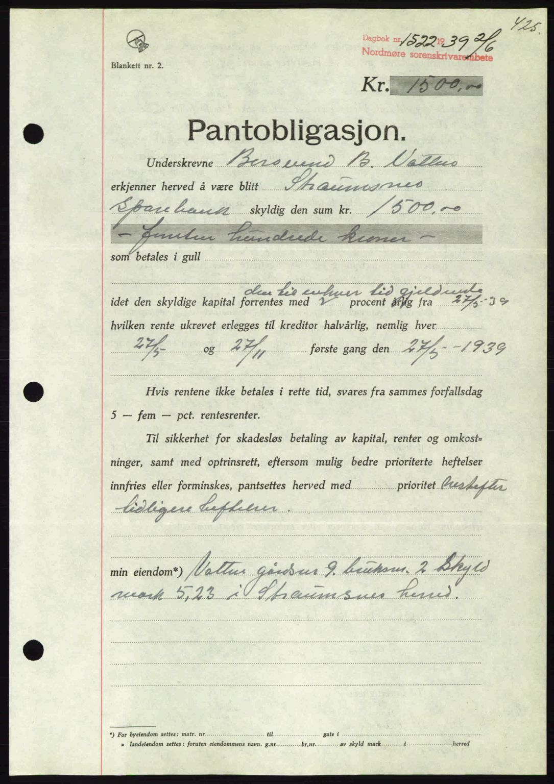 Nordmøre sorenskriveri, AV/SAT-A-4132/1/2/2Ca: Pantebok nr. B85, 1939-1939, Dagboknr: 1522/1939