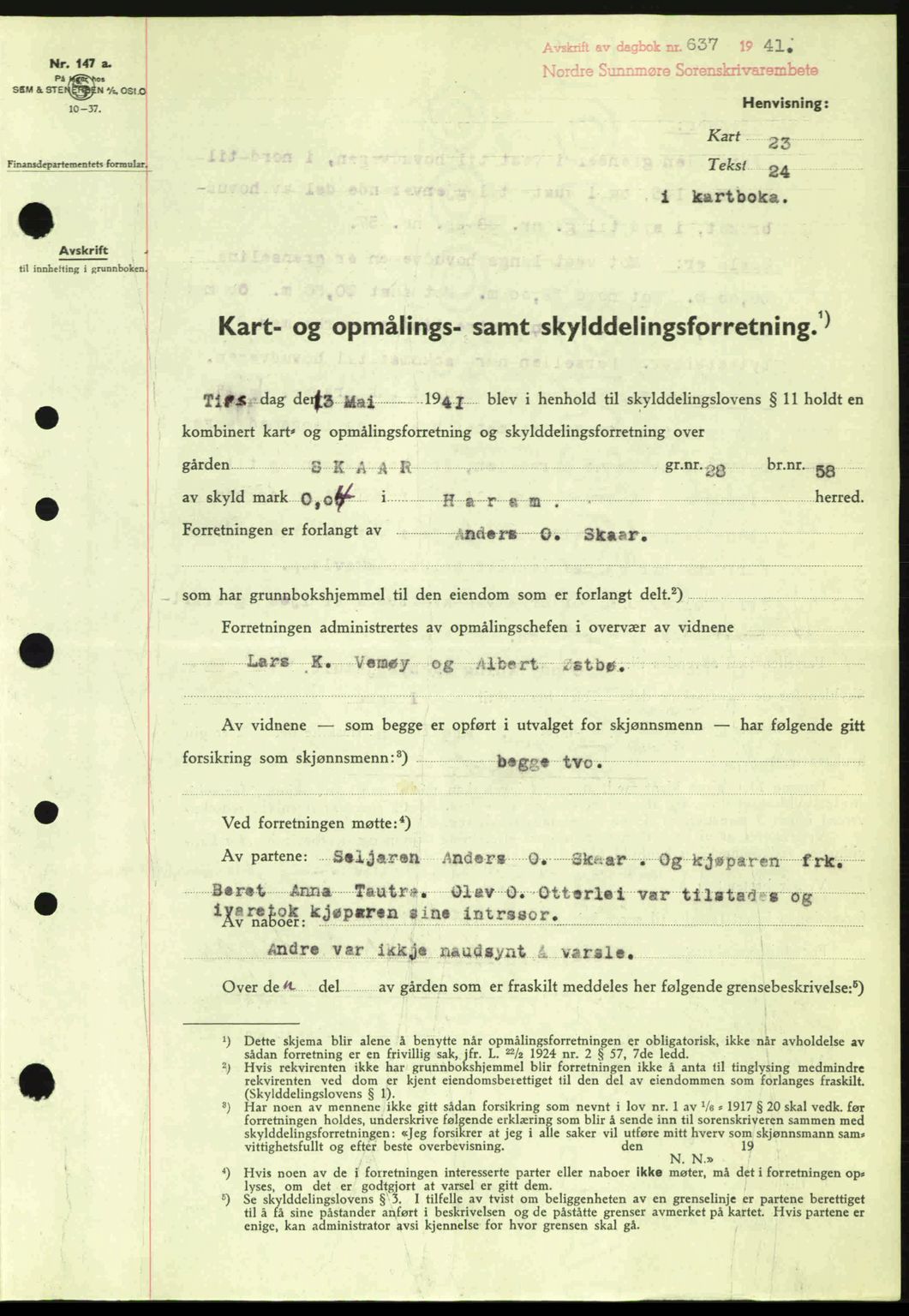 Nordre Sunnmøre sorenskriveri, AV/SAT-A-0006/1/2/2C/2Ca: Pantebok nr. A10, 1940-1941, Dagboknr: 637/1941