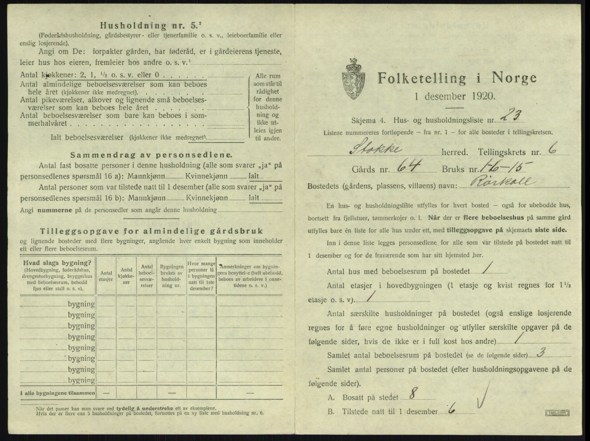 SAKO, Folketelling 1920 for 0720 Stokke herred, 1920, s. 1144