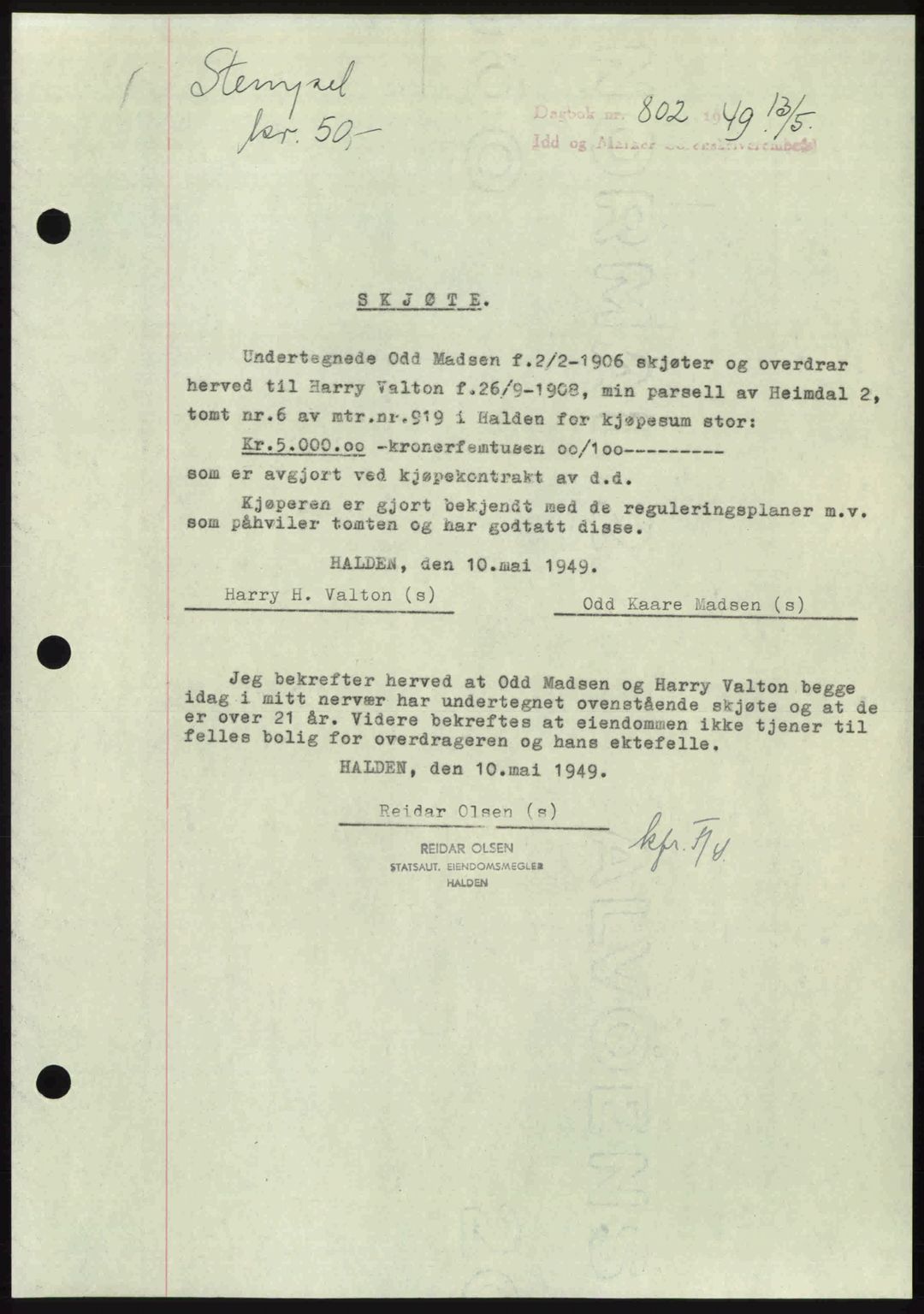 Idd og Marker sorenskriveri, SAO/A-10283/G/Gb/Gbb/L0012: Pantebok nr. A12, 1949-1949, Dagboknr: 802/1949