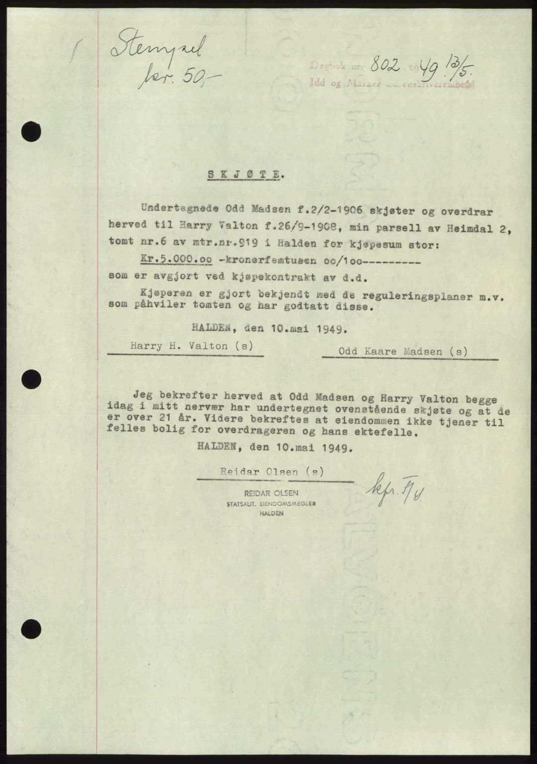 Idd og Marker sorenskriveri, AV/SAO-A-10283/G/Gb/Gbb/L0012: Pantebok nr. A12, 1949-1949, Dagboknr: 802/1949