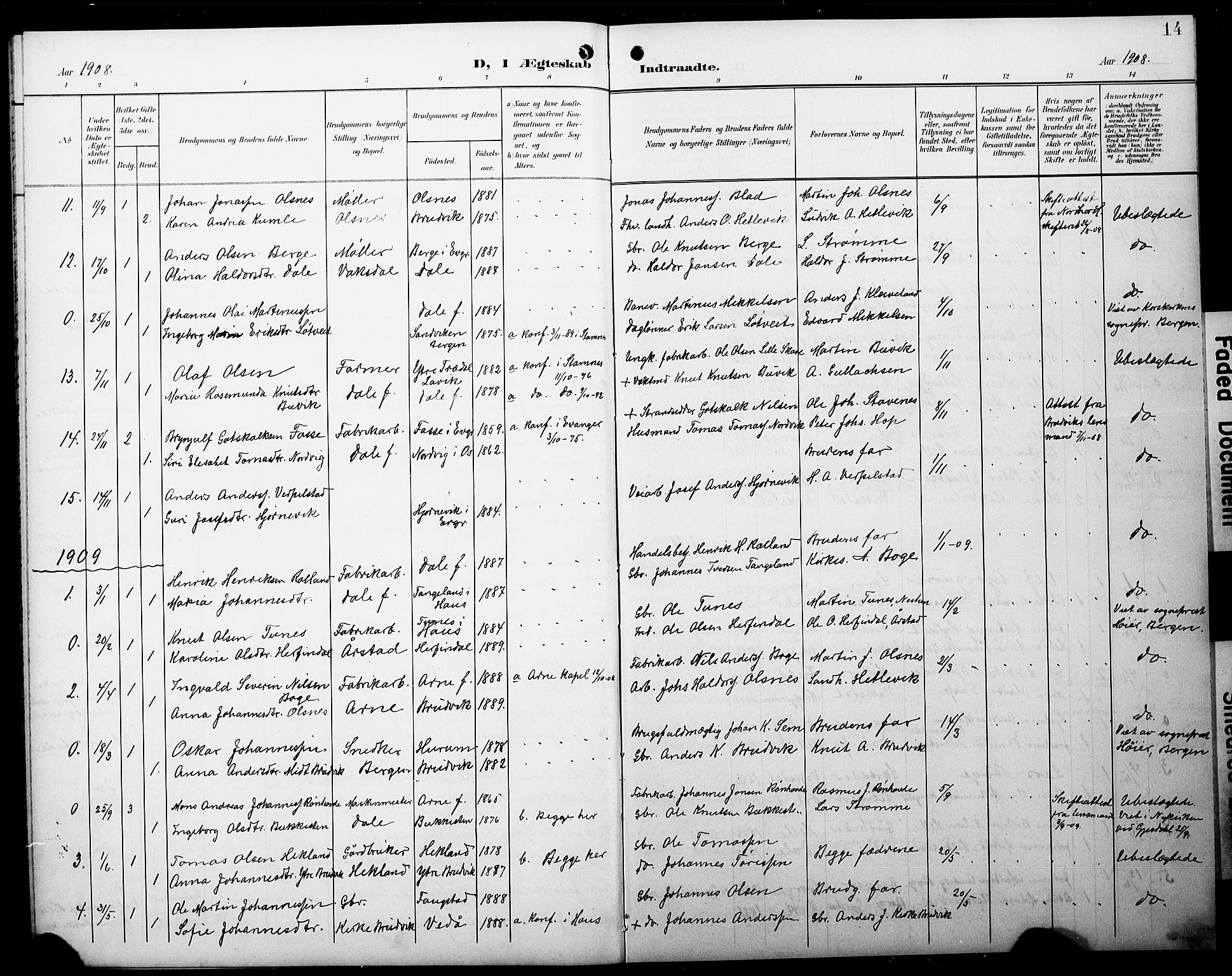 Bruvik Sokneprestembete, AV/SAB-A-74701/H/Hab: Klokkerbok nr. A 3, 1901-1928, s. 14