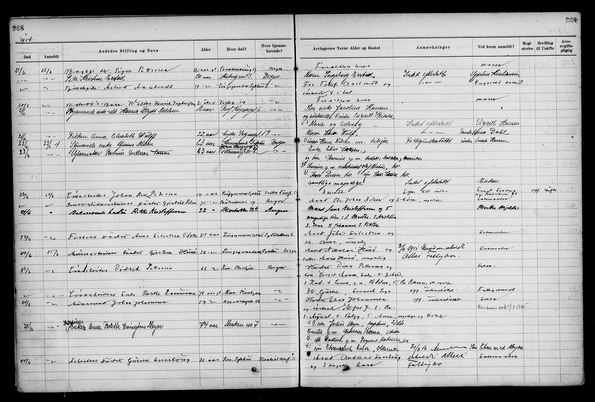 Byfogd og Byskriver i Bergen, AV/SAB-A-3401/06/06Na/L0009: Dødsfallsjournaler, 1910-1915, s. 268