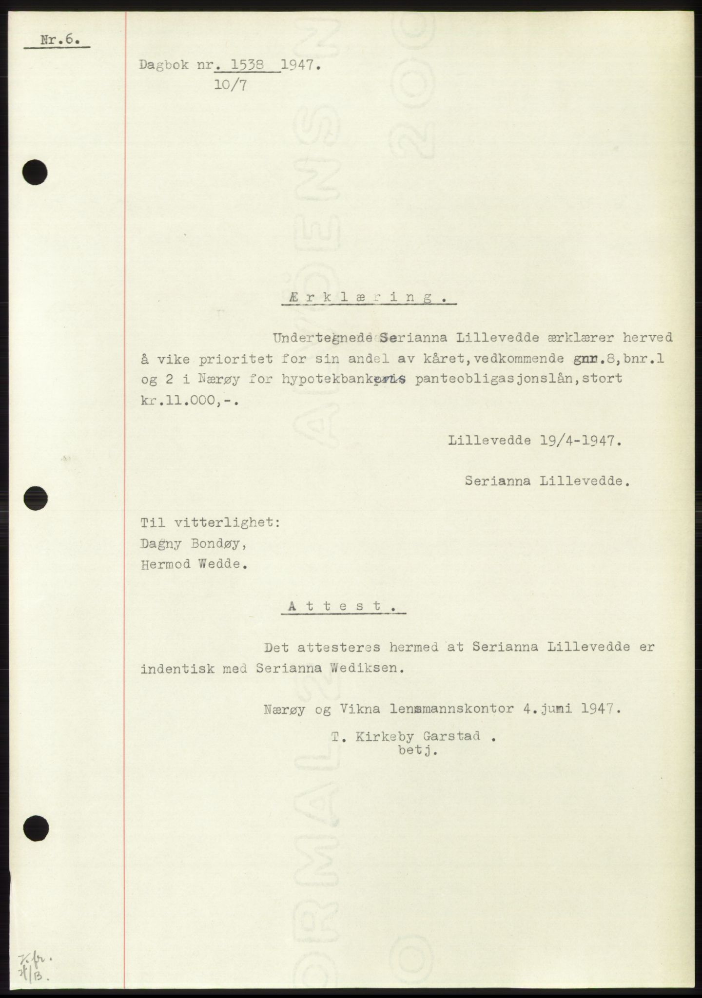 Namdal sorenskriveri, SAT/A-4133/1/2/2C: Pantebok nr. -, 1947-1947, Dagboknr: 1538/1947