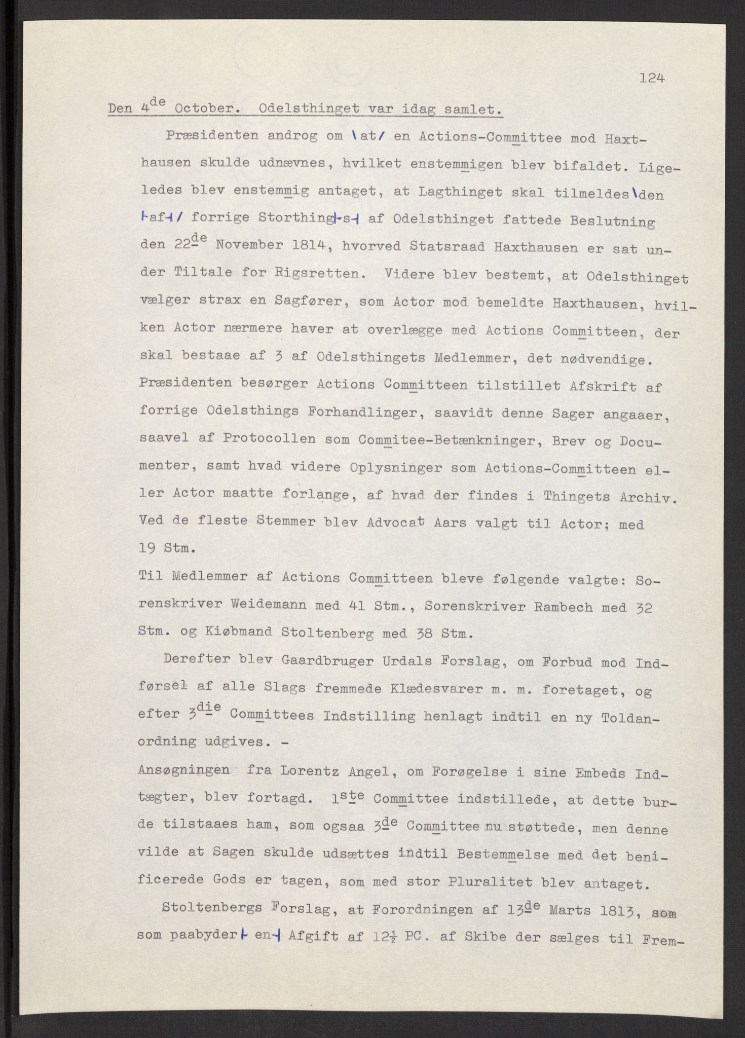 Manuskriptsamlingen, AV/RA-EA-3667/F/L0197: Wetlesen, Hans Jørgen (stortingsmann, ingeniørkaptein); Referat fra Stortinget 1815-1816, 1815-1816, s. 124