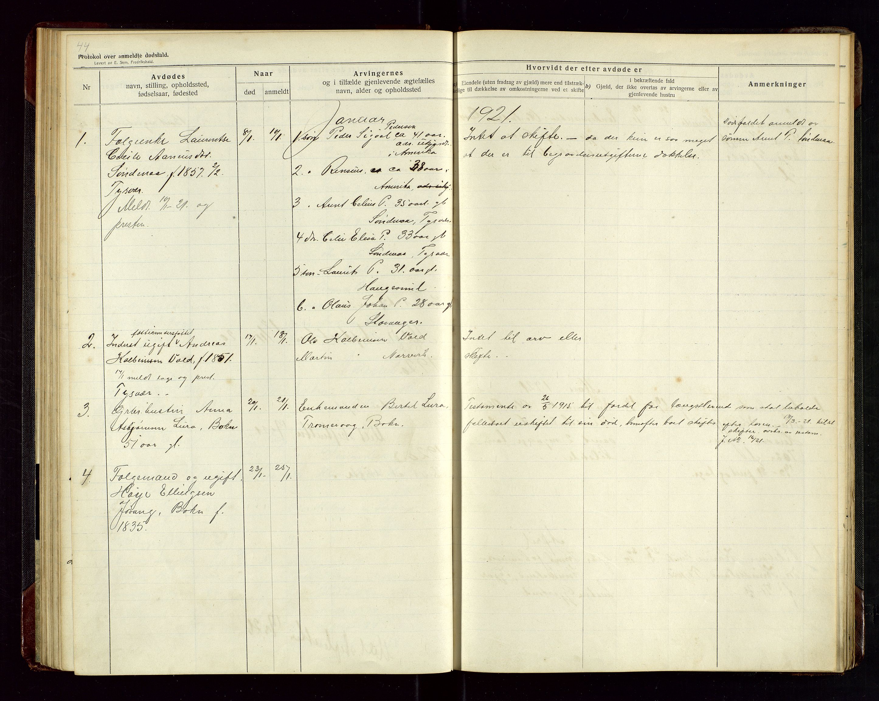 Tysvær lensmannskontor, AV/SAST-A-100192/Gga/L0003: "Protokol over anmeldte dødsfald i Tysvær" med register, 1916-1926, s. 44