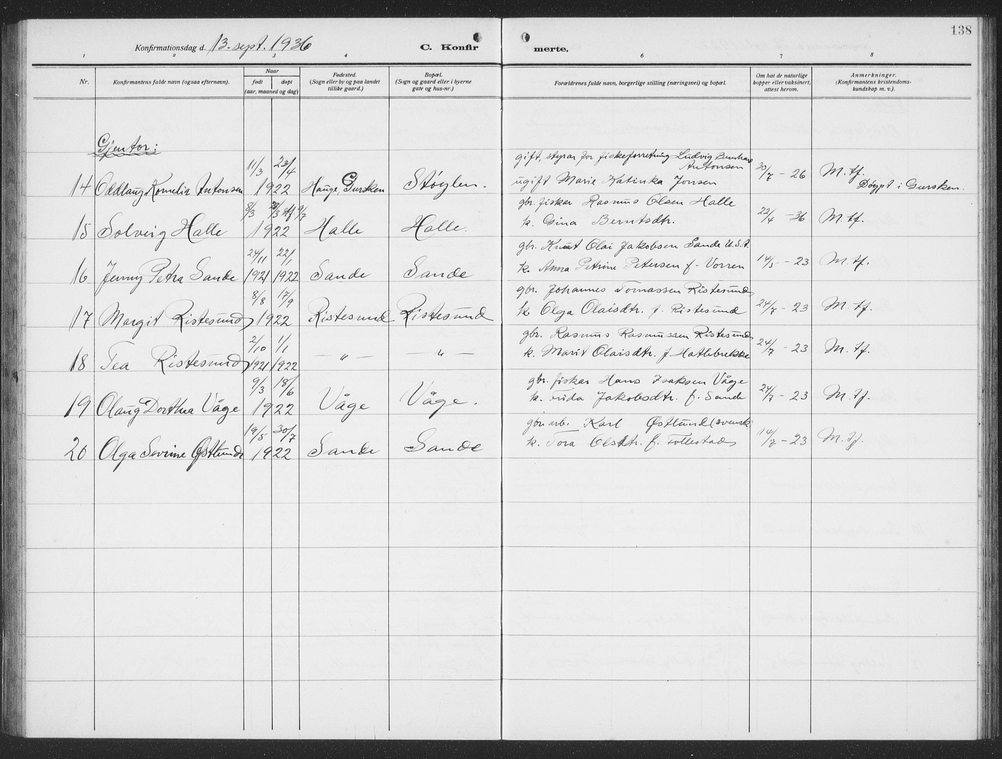 Ministerialprotokoller, klokkerbøker og fødselsregistre - Møre og Romsdal, SAT/A-1454/503/L0051: Klokkerbok nr. 503C06, 1923-1938, s. 138