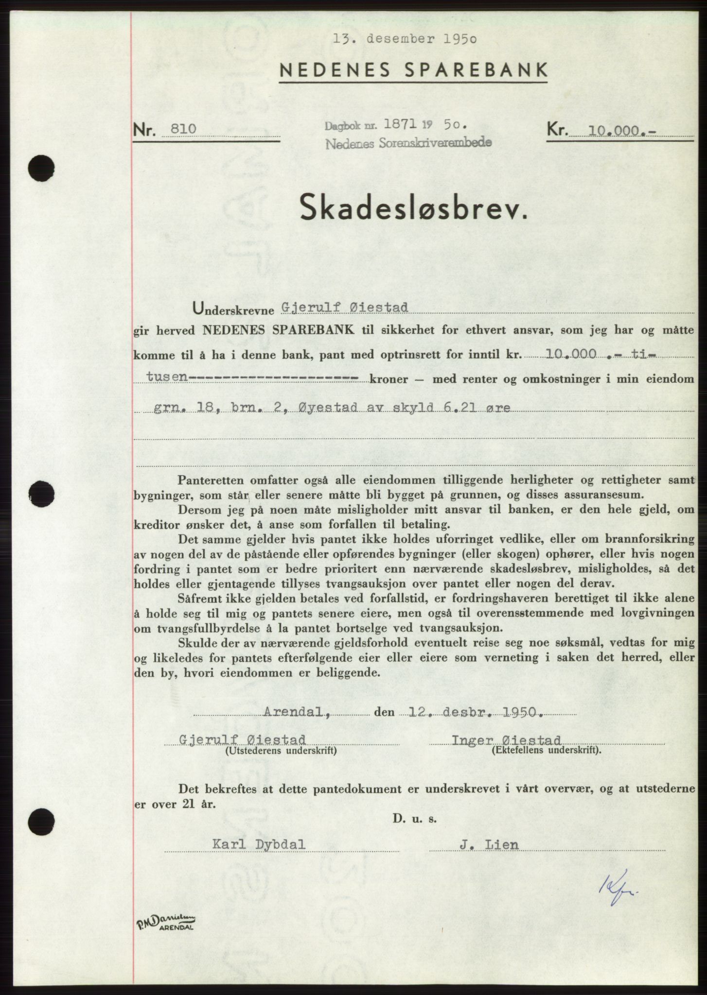 Nedenes sorenskriveri, SAK/1221-0006/G/Gb/Gbb/L0008: Pantebok nr. B8, 1950-1950, Dagboknr: 1871/1950