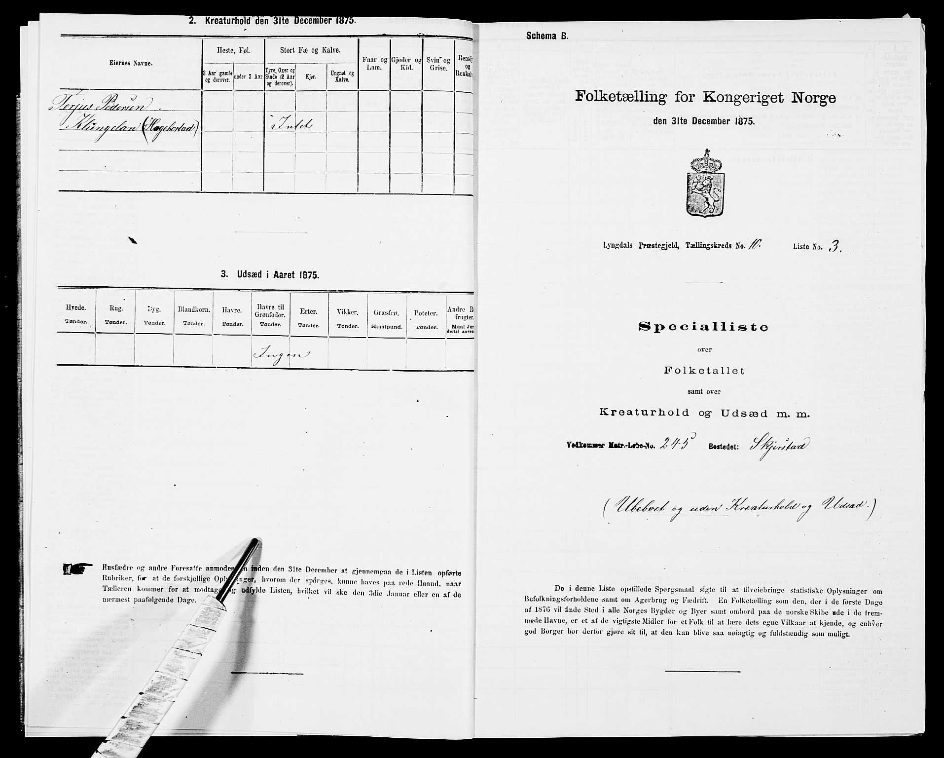 SAK, Folketelling 1875 for 1032P Lyngdal prestegjeld, 1875, s. 1525