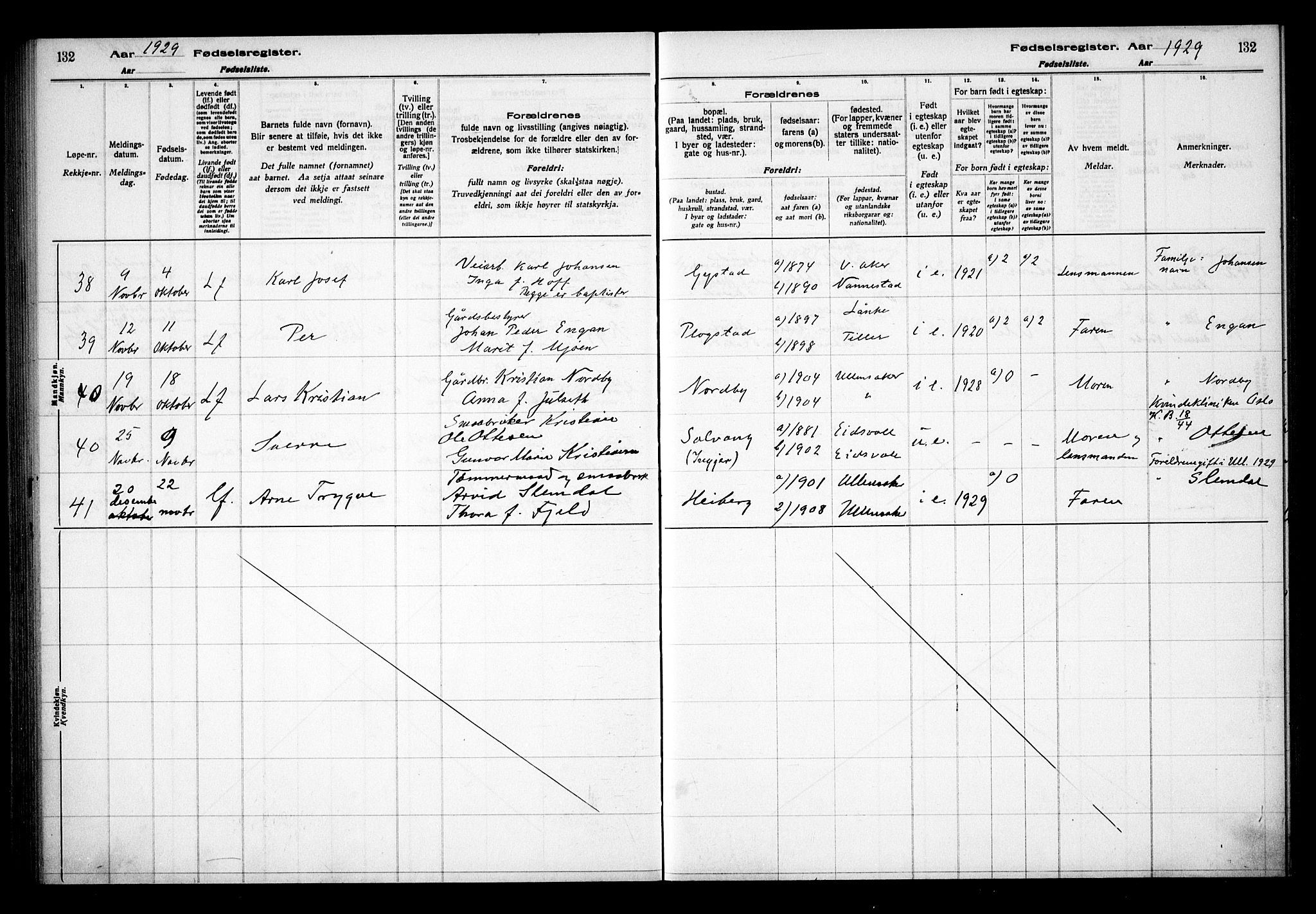 Ullensaker prestekontor Kirkebøker, AV/SAO-A-10236a/J/Ja/L0001: Fødselsregister nr. I 1, 1916-1938, s. 132