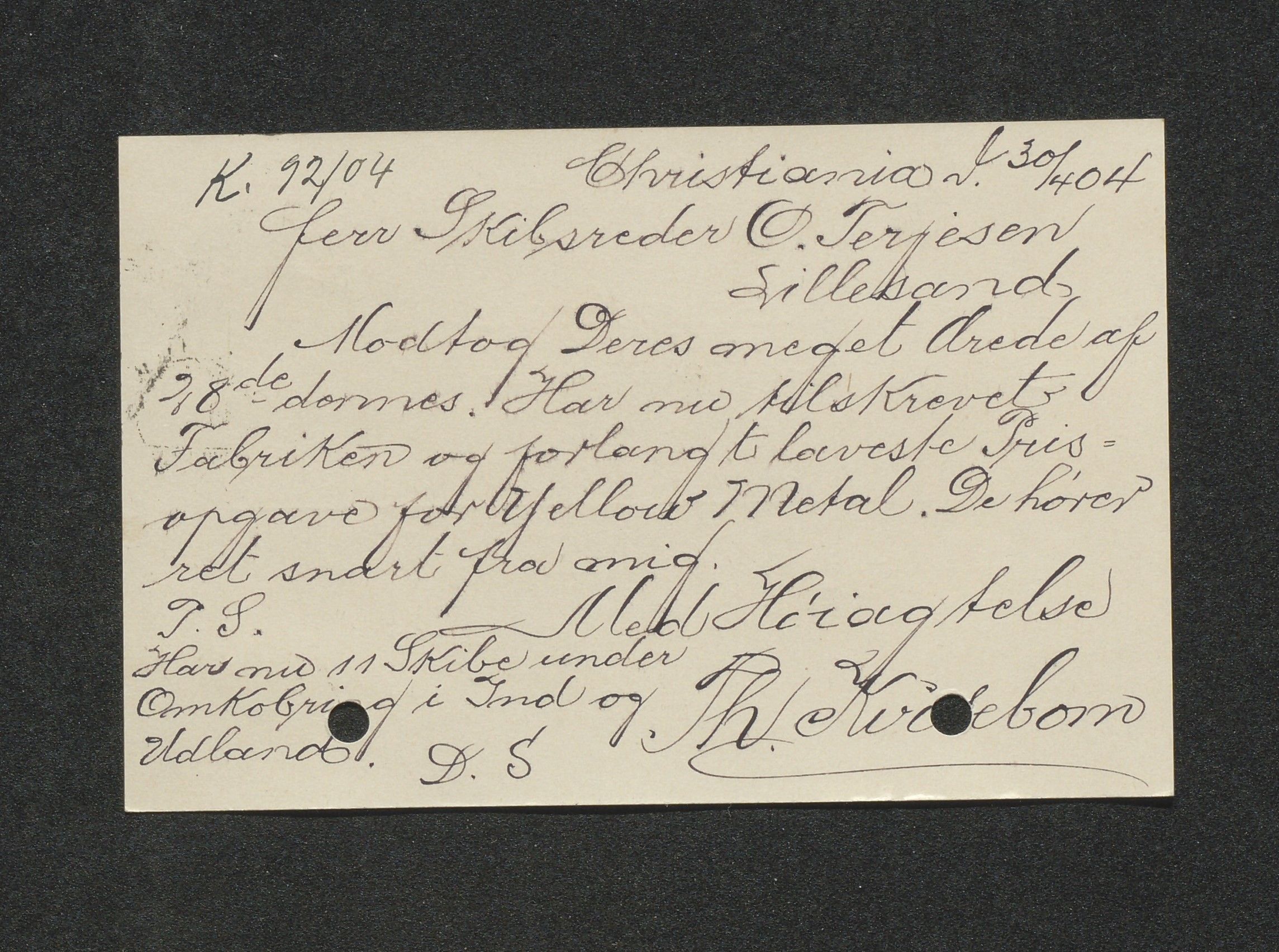 O. Terjesens rederi, AAKS/PA-2525/E/E01/L0013: Korrespondanse, 1904-1905