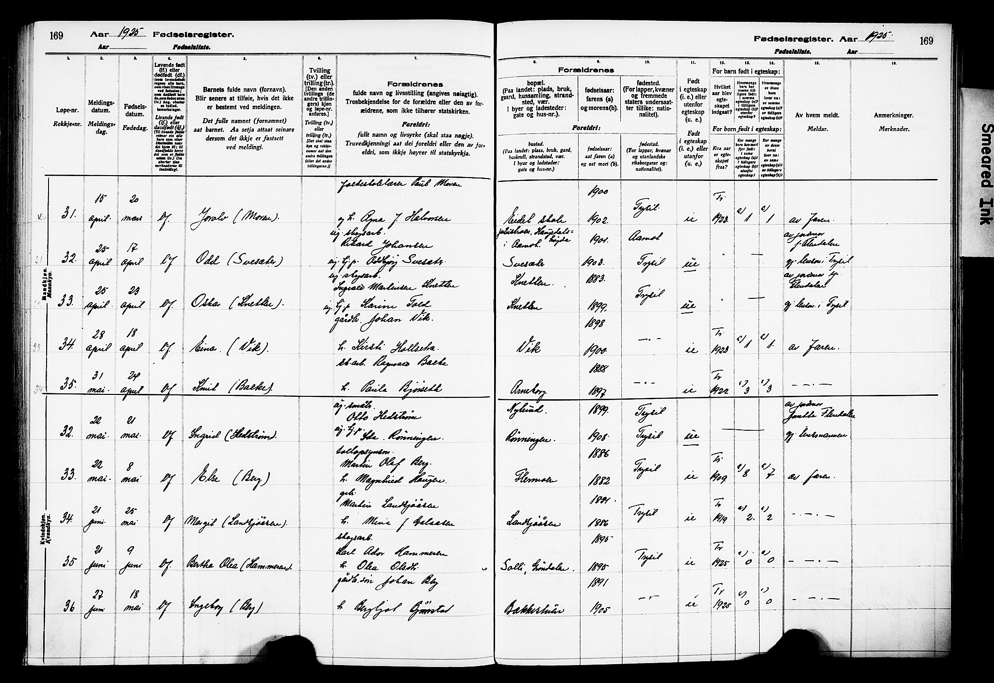 Trysil prestekontor, AV/SAH-PREST-046/I/Id/Ida/L0001: Fødselsregister nr. I 1, 1916-1927, s. 169