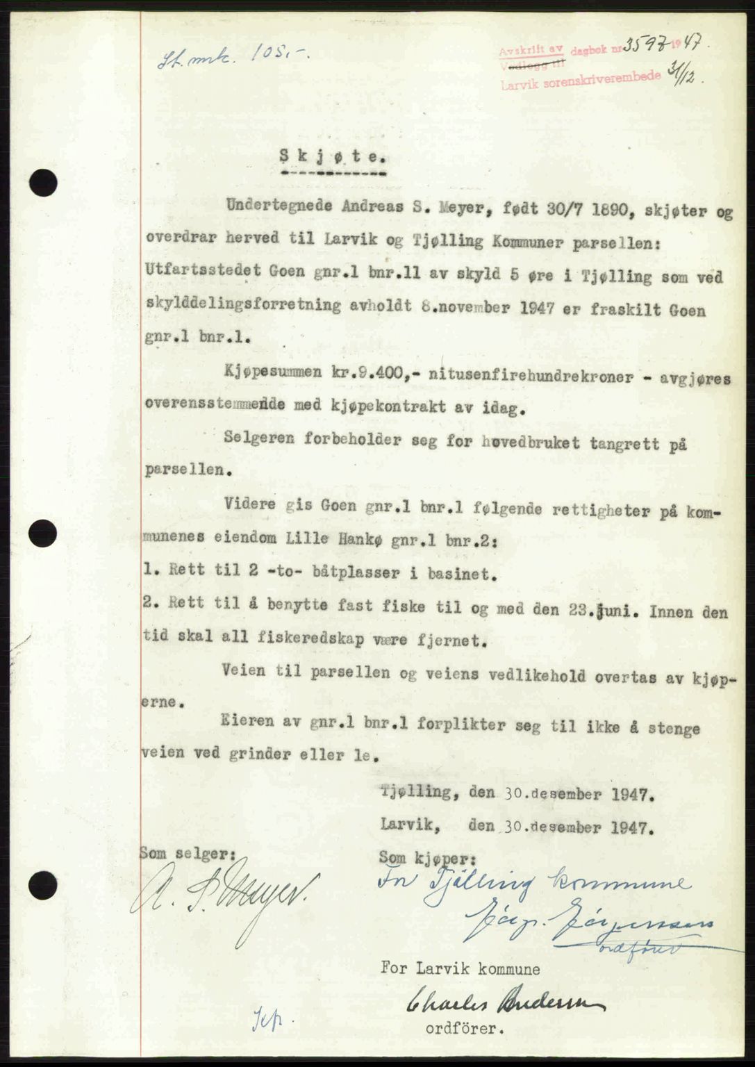 Larvik sorenskriveri, SAKO/A-83/G/Ga/Gab/L0085: Pantebok nr. A-19, 1947-1948, Dagboknr: 3597/1947