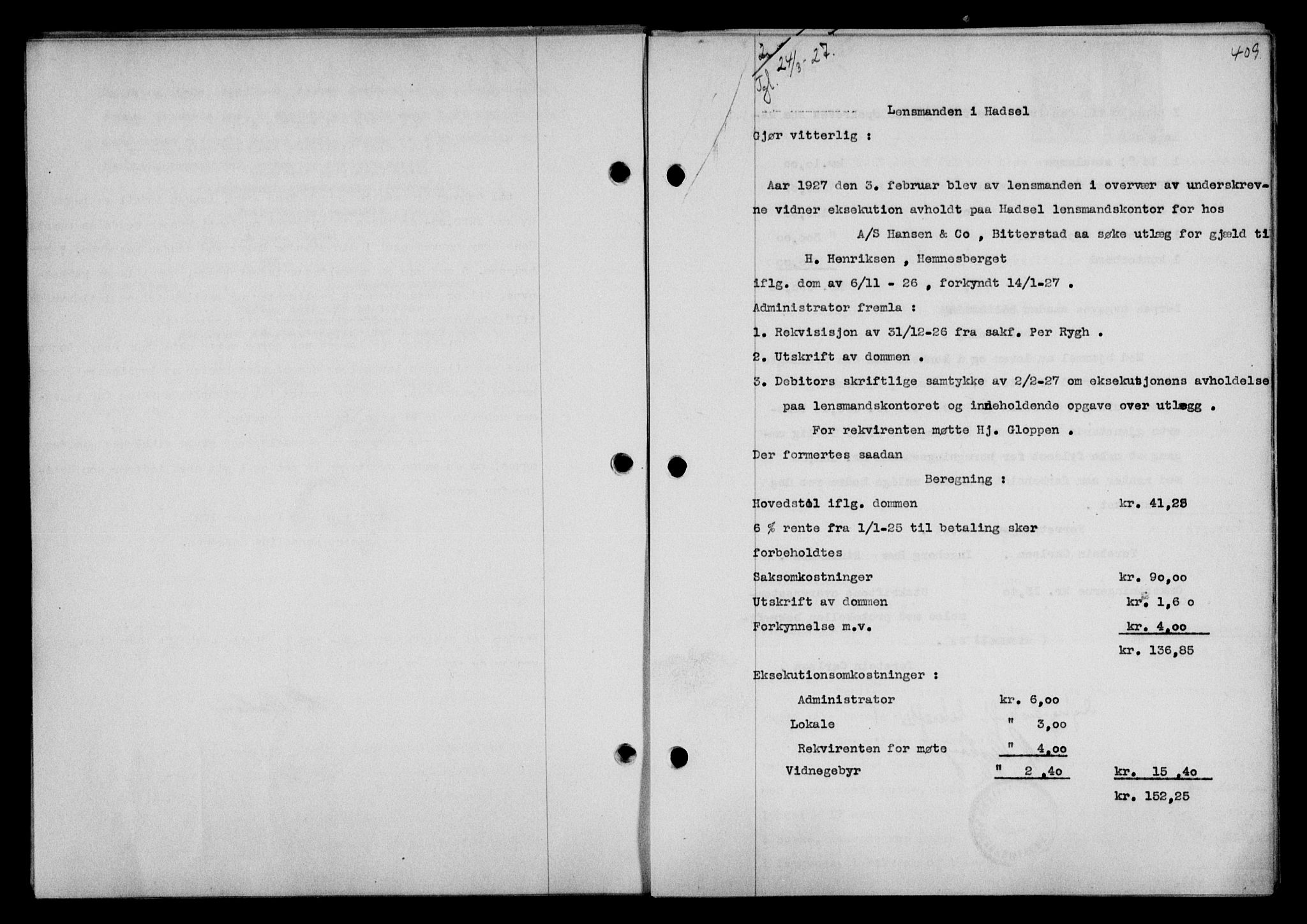 Vesterålen sorenskriveri, SAT/A-4180/1/2/2Ca/L0043: Pantebok nr. 36, 1926-1927, Tingl.dato: 24.03.1927