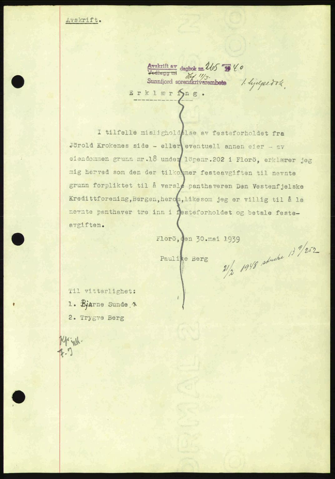 Sunnfjord tingrett, SAB/A-3201/1/G/Gb/Gbb/L0005: Pantebok nr. A5, 1940-1941, Dagboknr: 265/1940