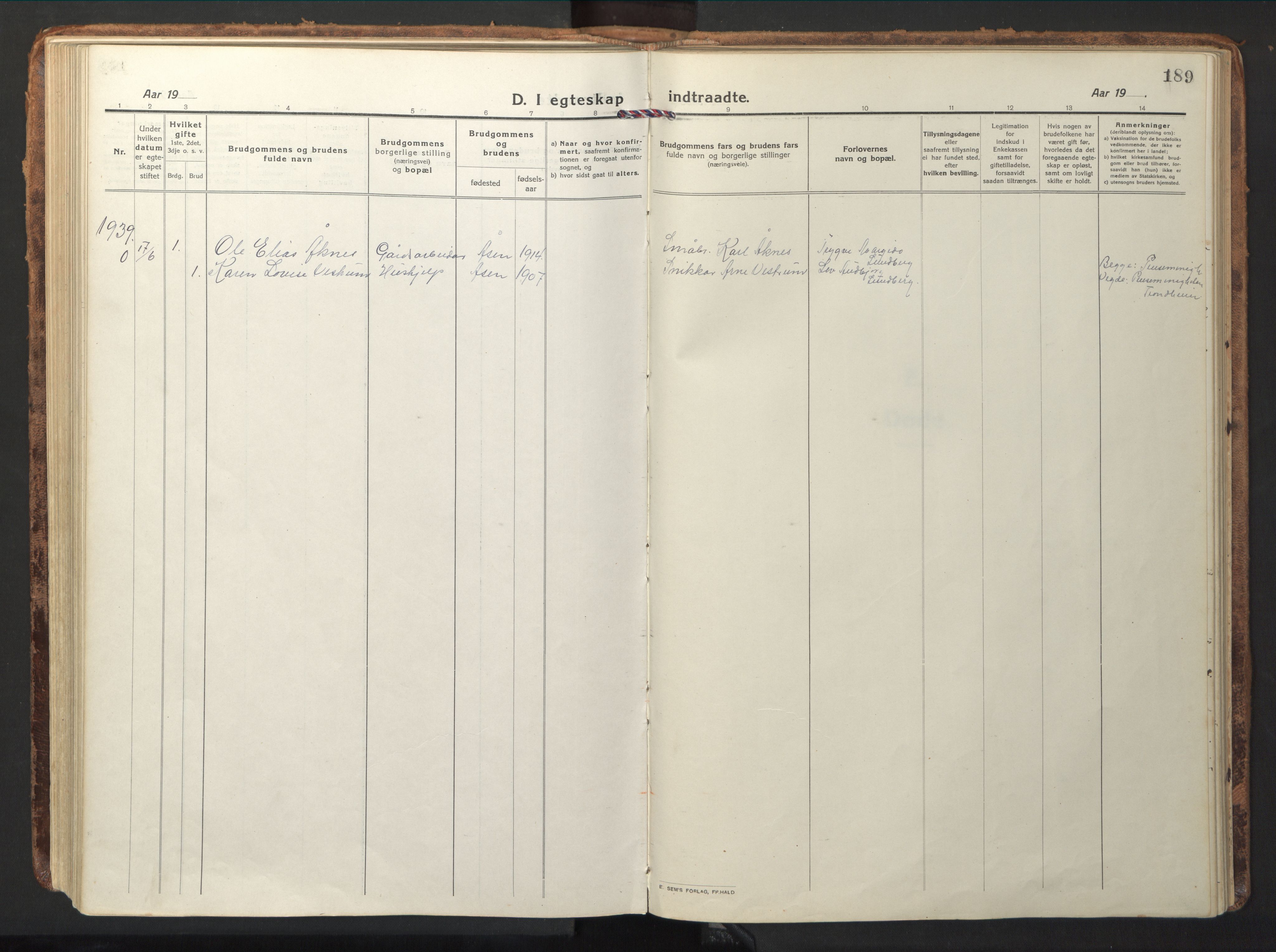 Ministerialprotokoller, klokkerbøker og fødselsregistre - Nord-Trøndelag, AV/SAT-A-1458/714/L0136: Klokkerbok nr. 714C05, 1918-1957, s. 189