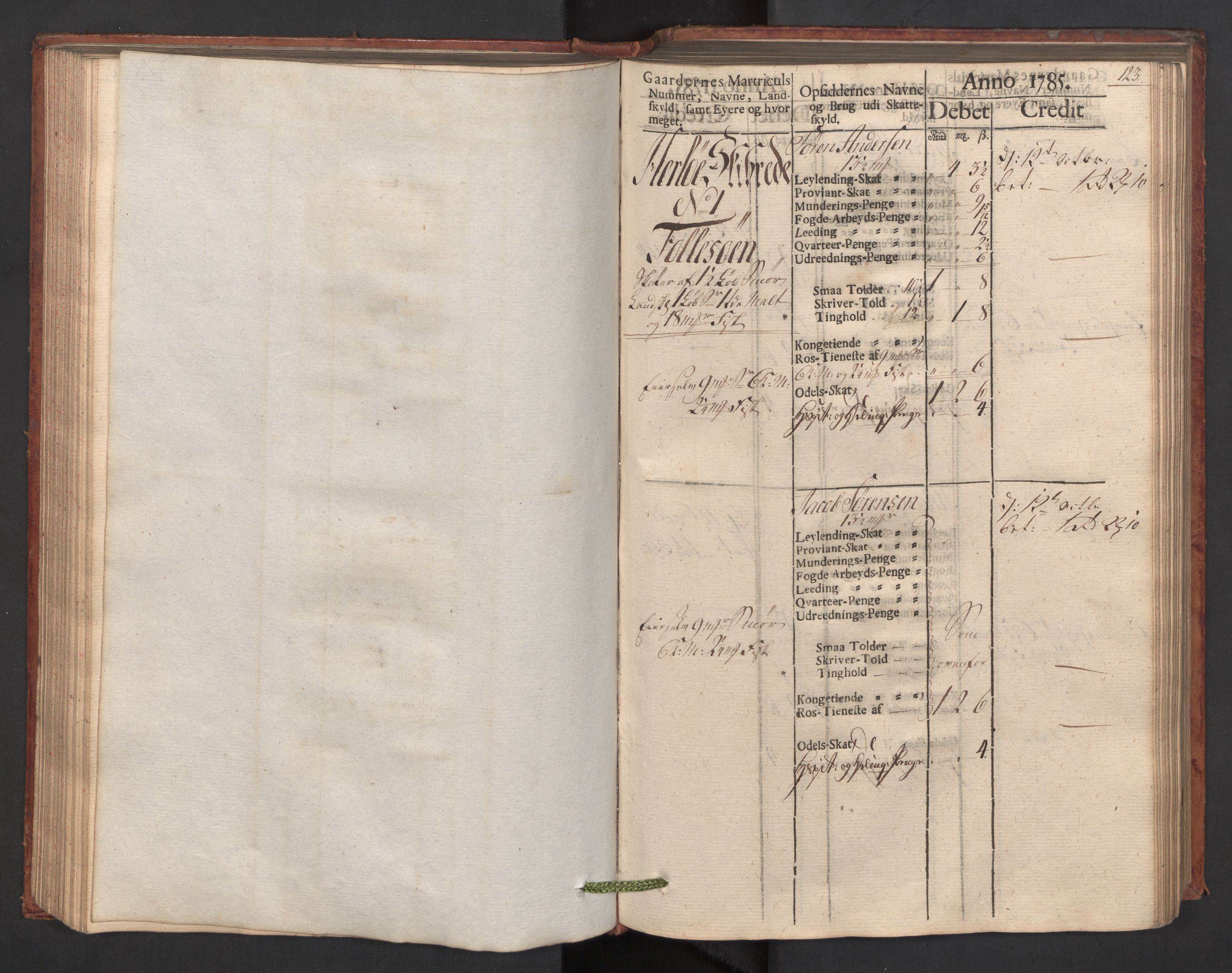 Rentekammeret, Fogdenes kassabøker, RA/EA-5947/R/L0067: Kassabok for Lindås, Herdla, Mjedla, og Arna skipreider i Nordhordland, 1785, s. 123