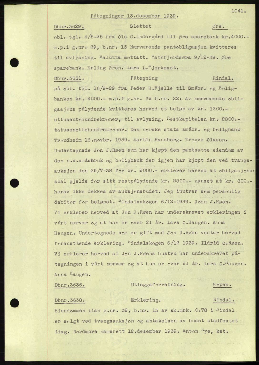 Nordmøre sorenskriveri, SAT/A-4132/1/2/2Ca: Pantebok nr. C80, 1936-1939, Dagboknr: 3629/1939