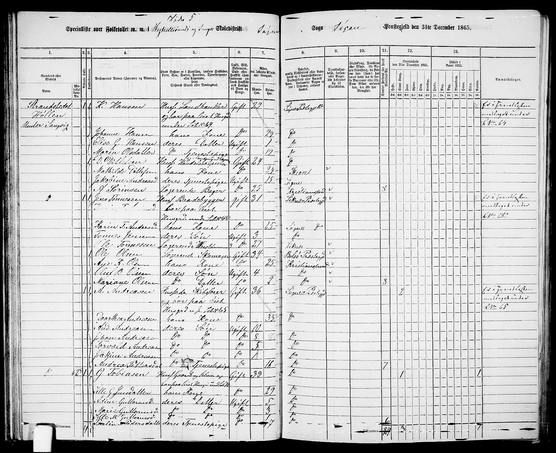 RA, Folketelling 1865 for 1018P Søgne prestegjeld, 1865, s. 54