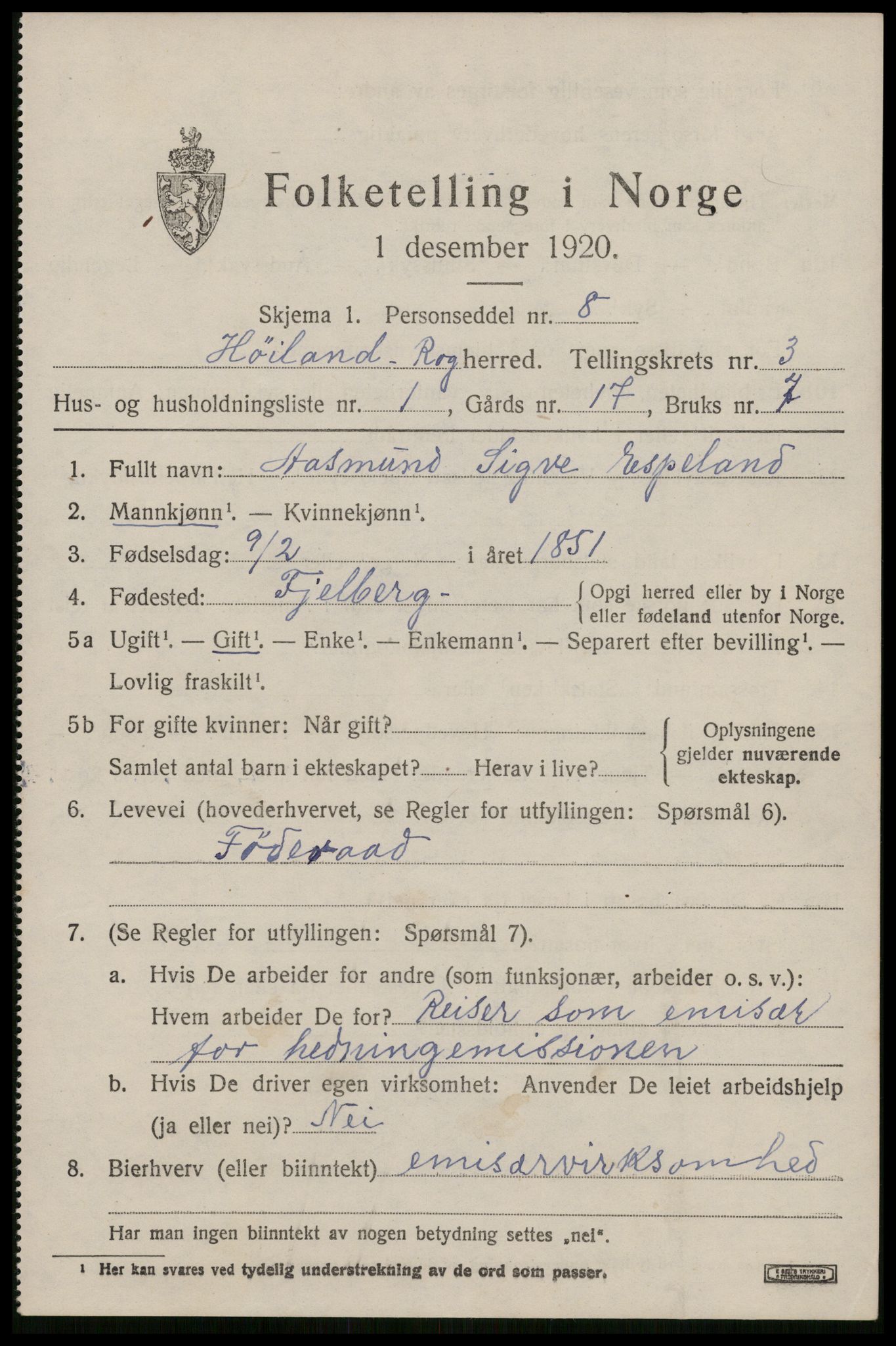 SAST, Folketelling 1920 for 1123 Høyland herred, 1920, s. 3028