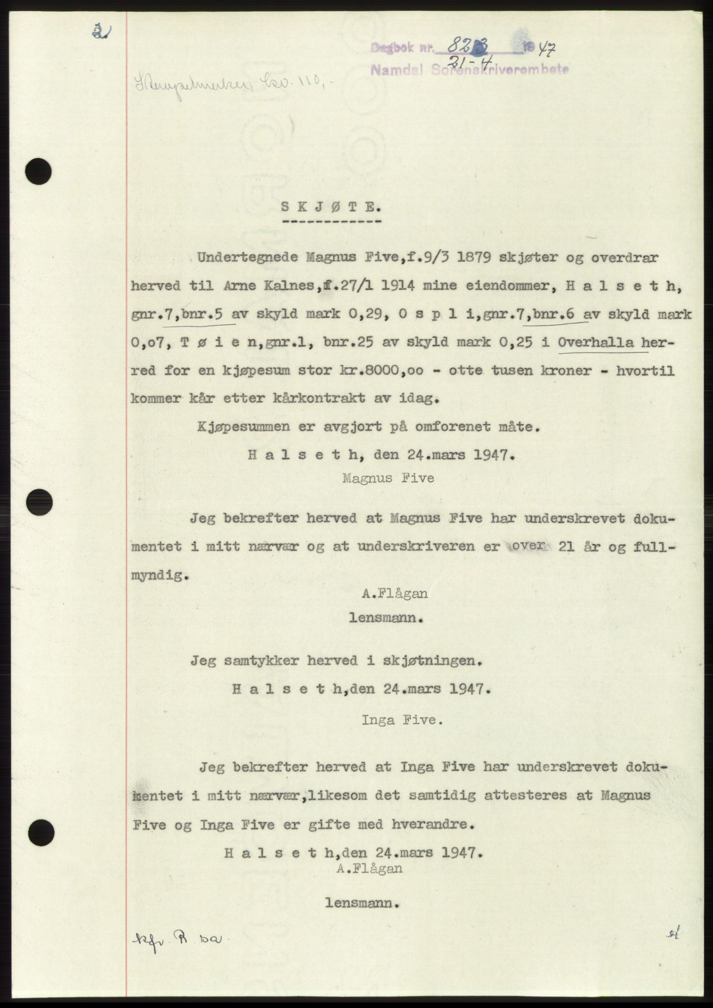 Namdal sorenskriveri, SAT/A-4133/1/2/2C: Pantebok nr. -, 1947-1947, Dagboknr: 823/1947