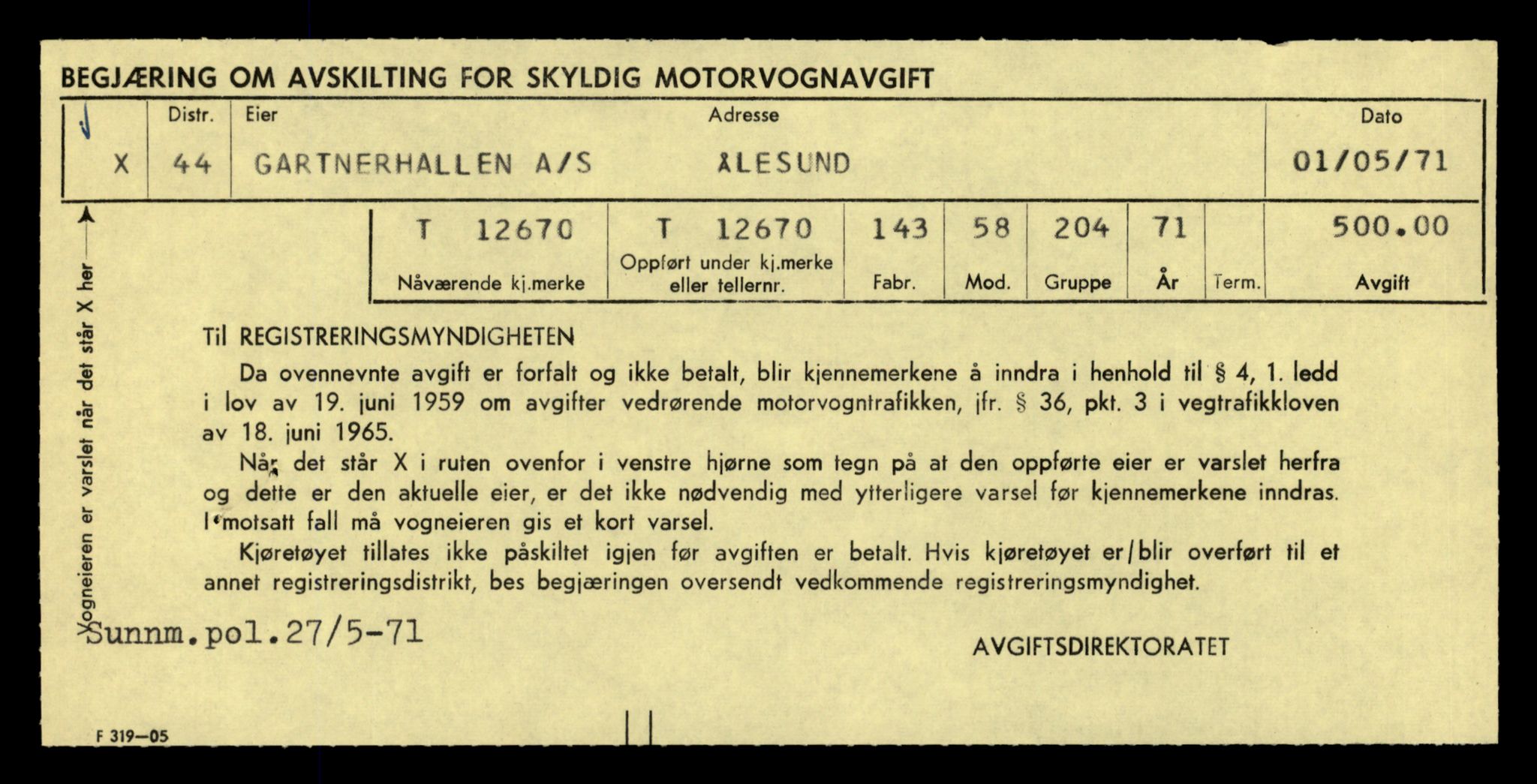 Møre og Romsdal vegkontor - Ålesund trafikkstasjon, AV/SAT-A-4099/F/Fe/L0035: Registreringskort for kjøretøy T 12653 - T 12829, 1927-1998, s. 319