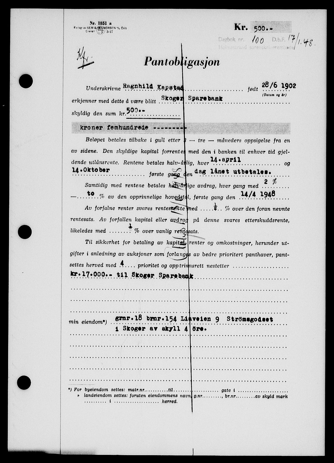 Holmestrand sorenskriveri, SAKO/A-67/G/Ga/Gab/L0058: Pantebok nr. B-58, 1947-1948, Dagboknr: 100/1948