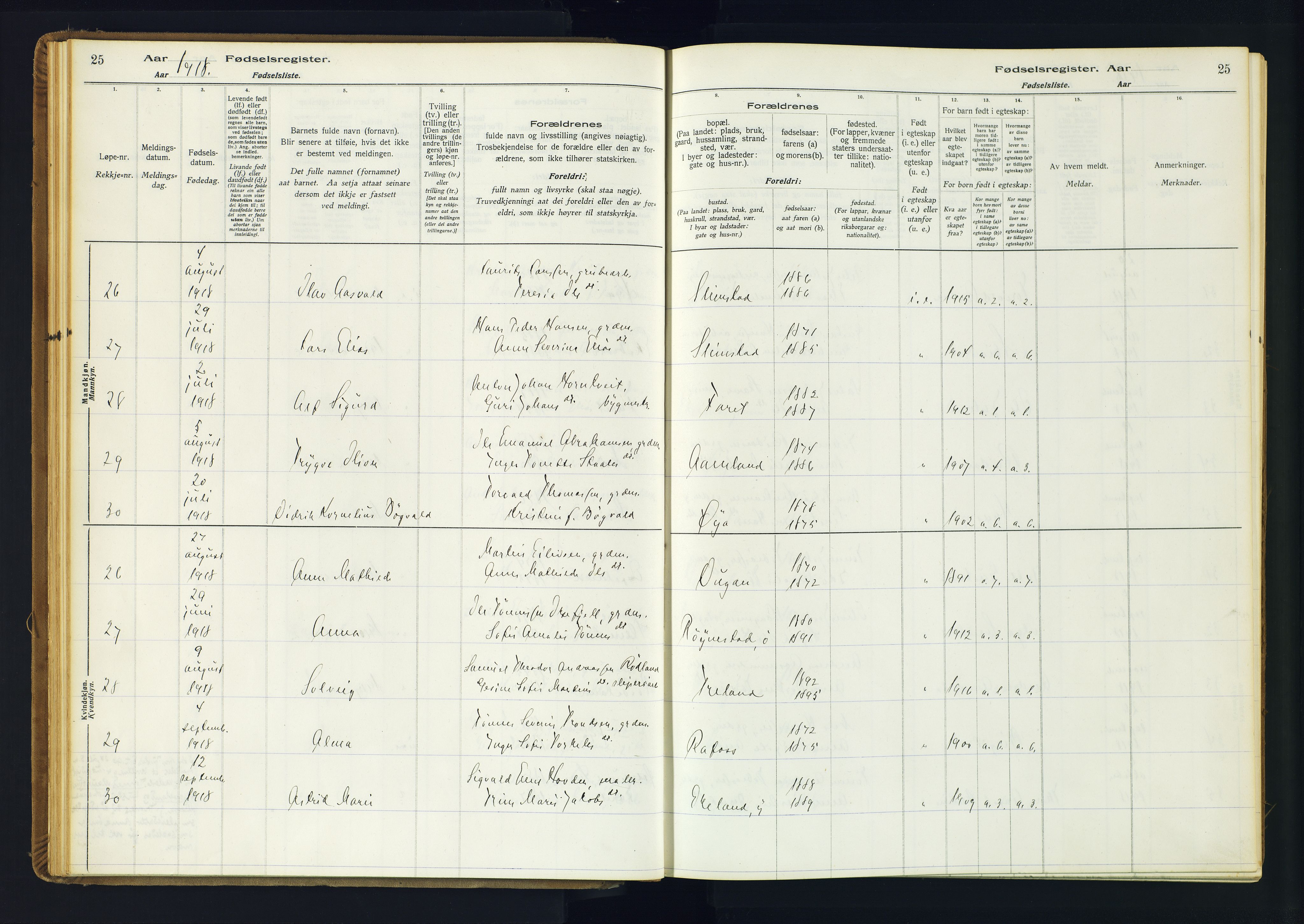 Kvinesdal sokneprestkontor, AV/SAK-1111-0026/J/Ja/L0001: Fødselsregister nr. 1, 1916-1941, s. 25