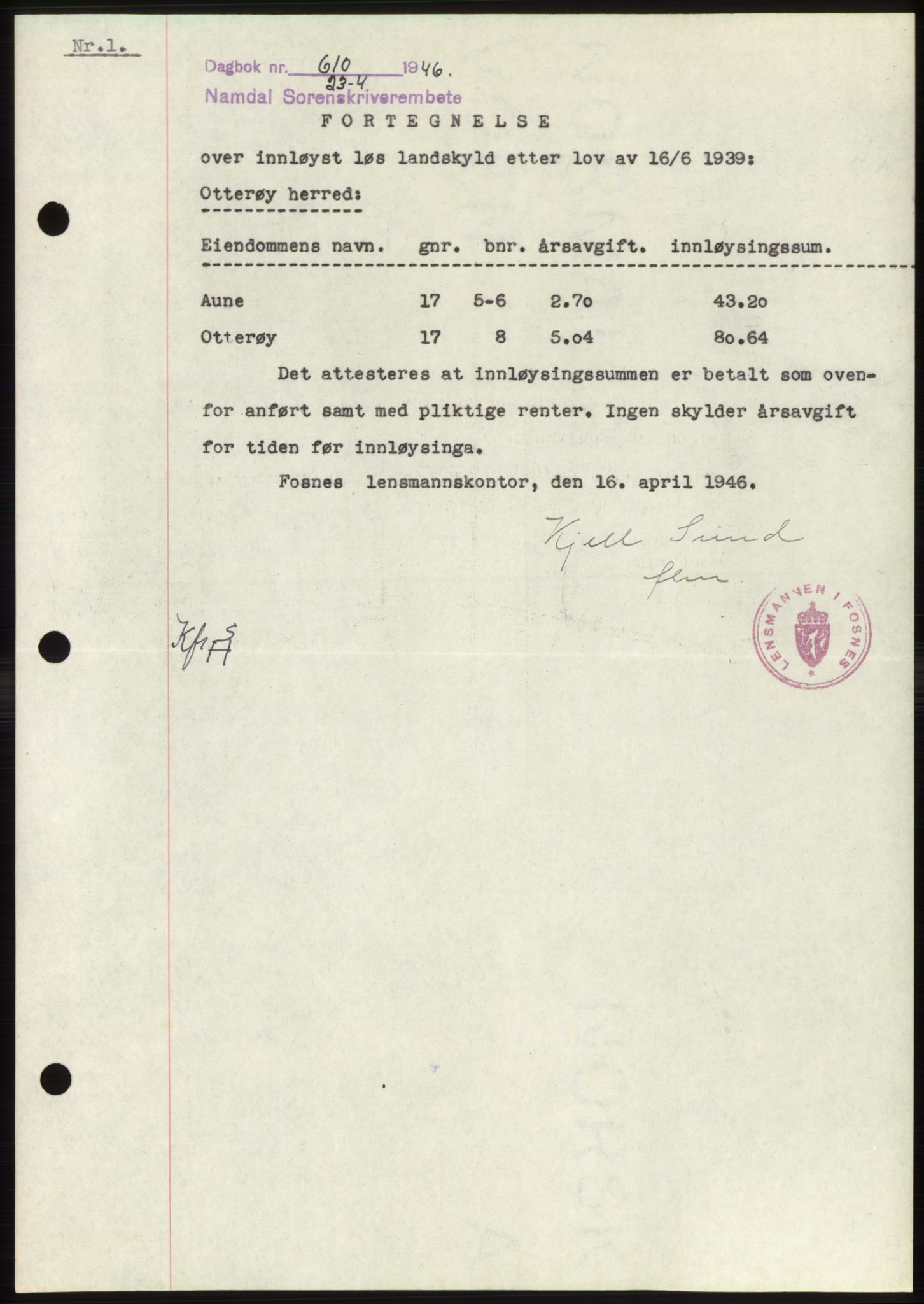Namdal sorenskriveri, SAT/A-4133/1/2/2C: Pantebok nr. -, 1946-1946, Dagboknr: 610/1946