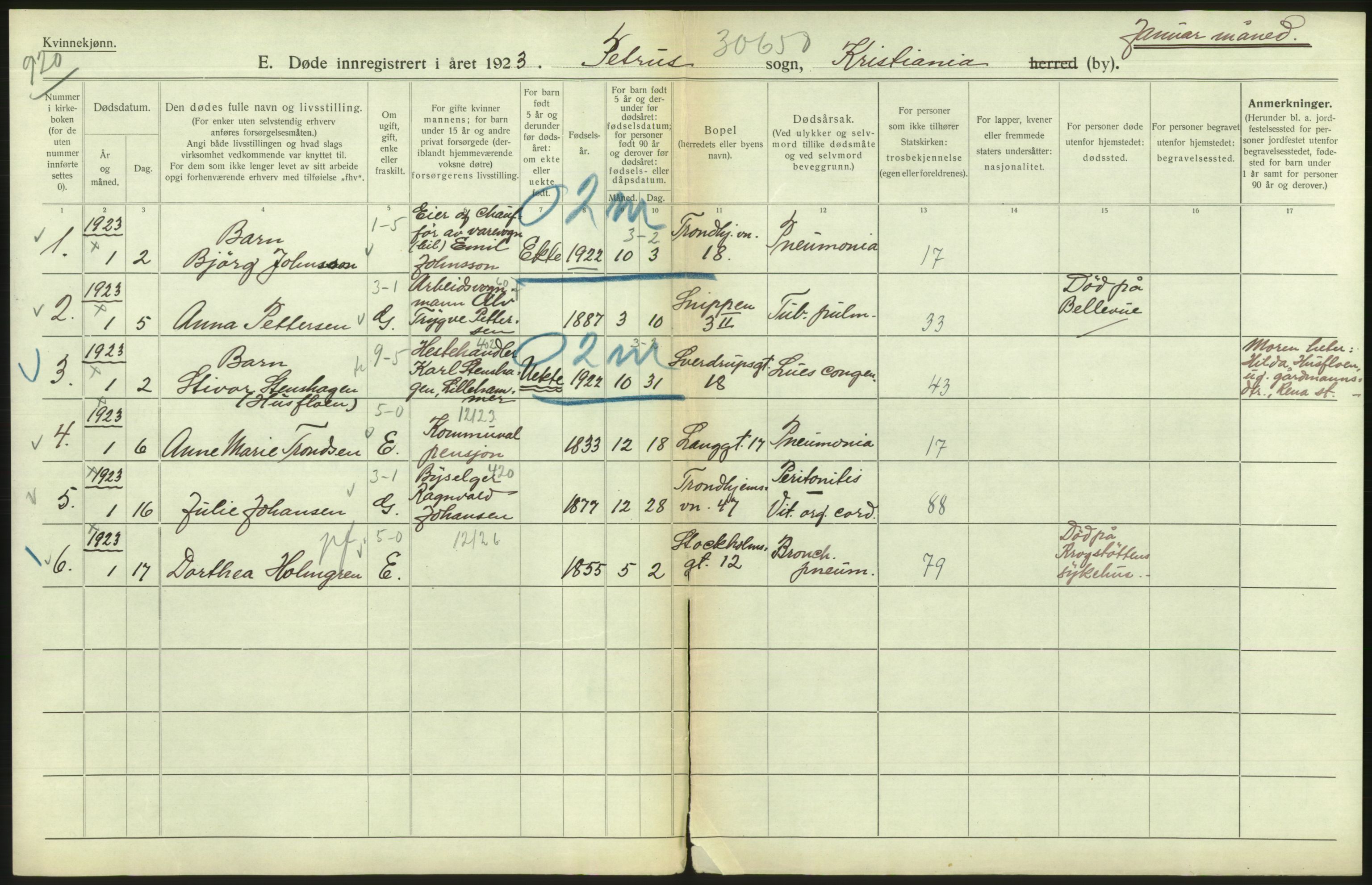 Statistisk sentralbyrå, Sosiodemografiske emner, Befolkning, RA/S-2228/D/Df/Dfc/Dfcc/L0009: Kristiania: Døde, 1923, s. 206