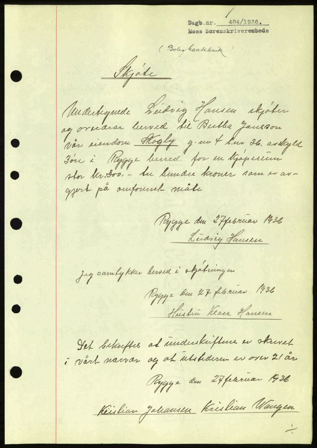 Moss sorenskriveri, SAO/A-10168: Pantebok nr. A1, 1936-1936, Dagboknr: 484/1936