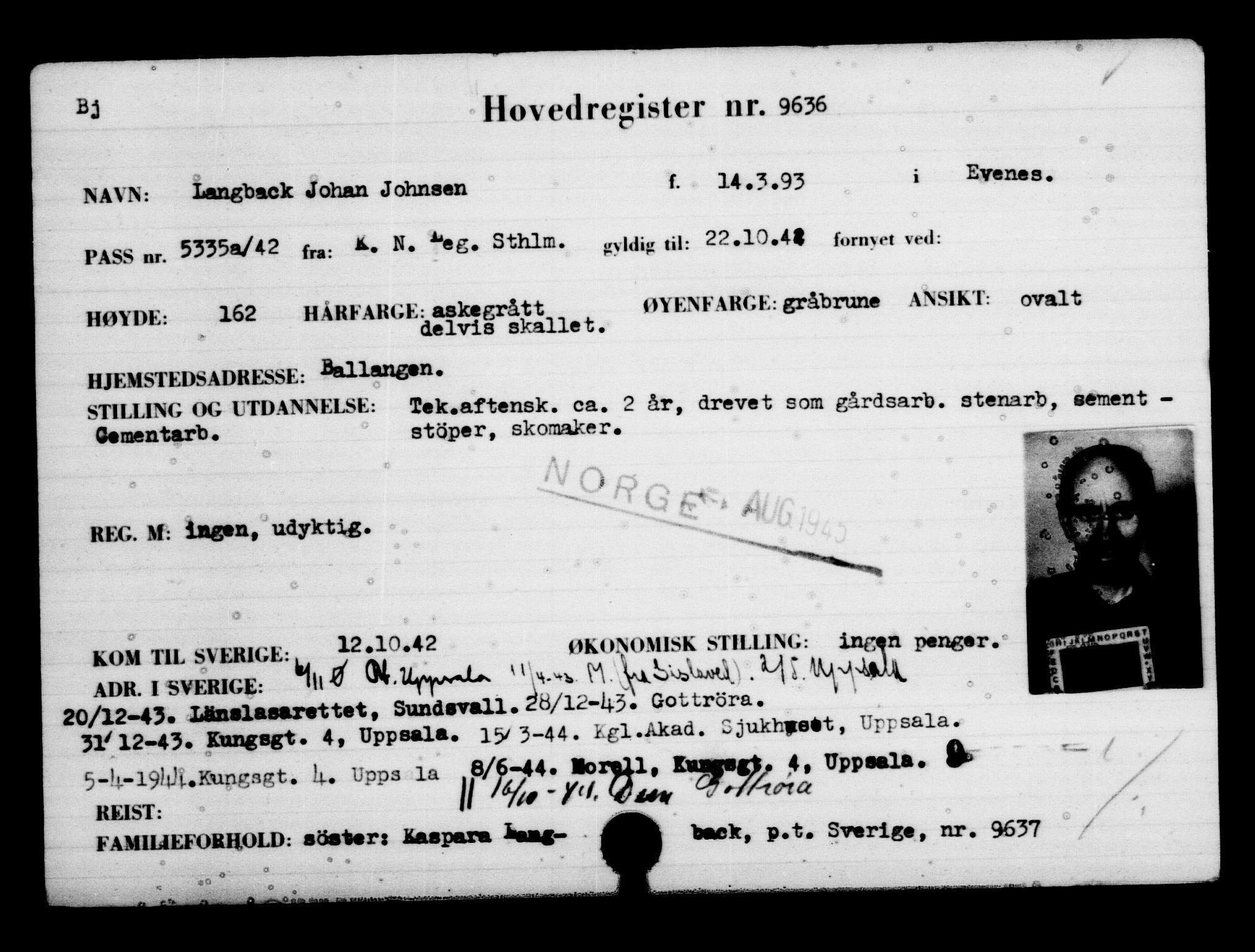 Utenriksstasjonene, Legasjonen i Stockholm, Flyktningkontoret, AV/RA-S-6753/V/Va/L0006: Kjesäterkartoteket, flyktninger med registreringsnr. 9400-12711, 1940-1945, s. 263