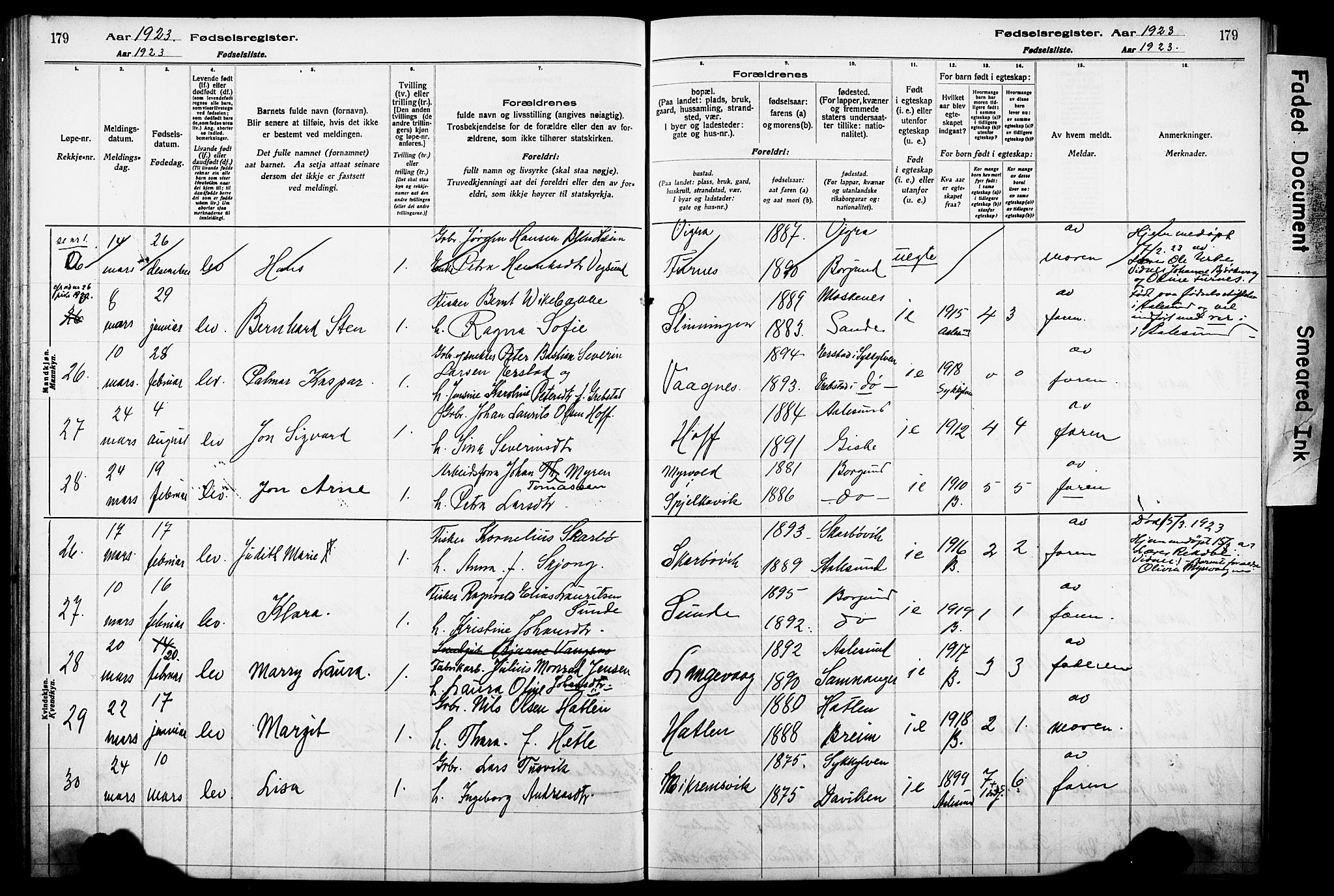 Ministerialprotokoller, klokkerbøker og fødselsregistre - Møre og Romsdal, SAT/A-1454/528/L0442: Fødselsregister nr. 528.II.4.1, 1916-1924, s. 179