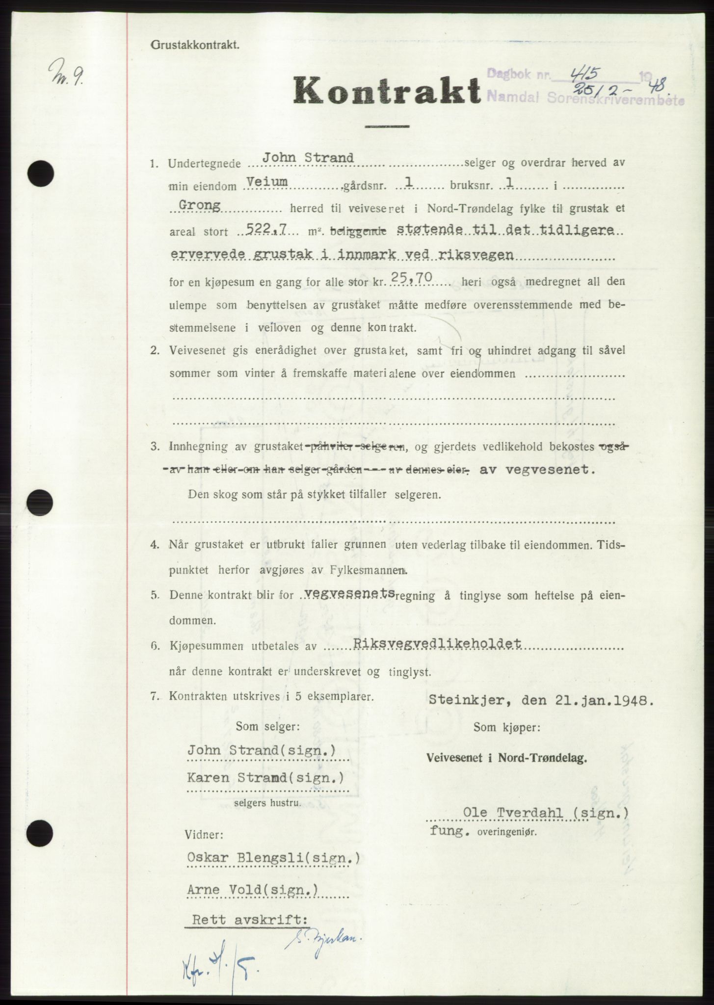 Namdal sorenskriveri, SAT/A-4133/1/2/2C: Pantebok nr. -, 1947-1948, Dagboknr: 415/1948