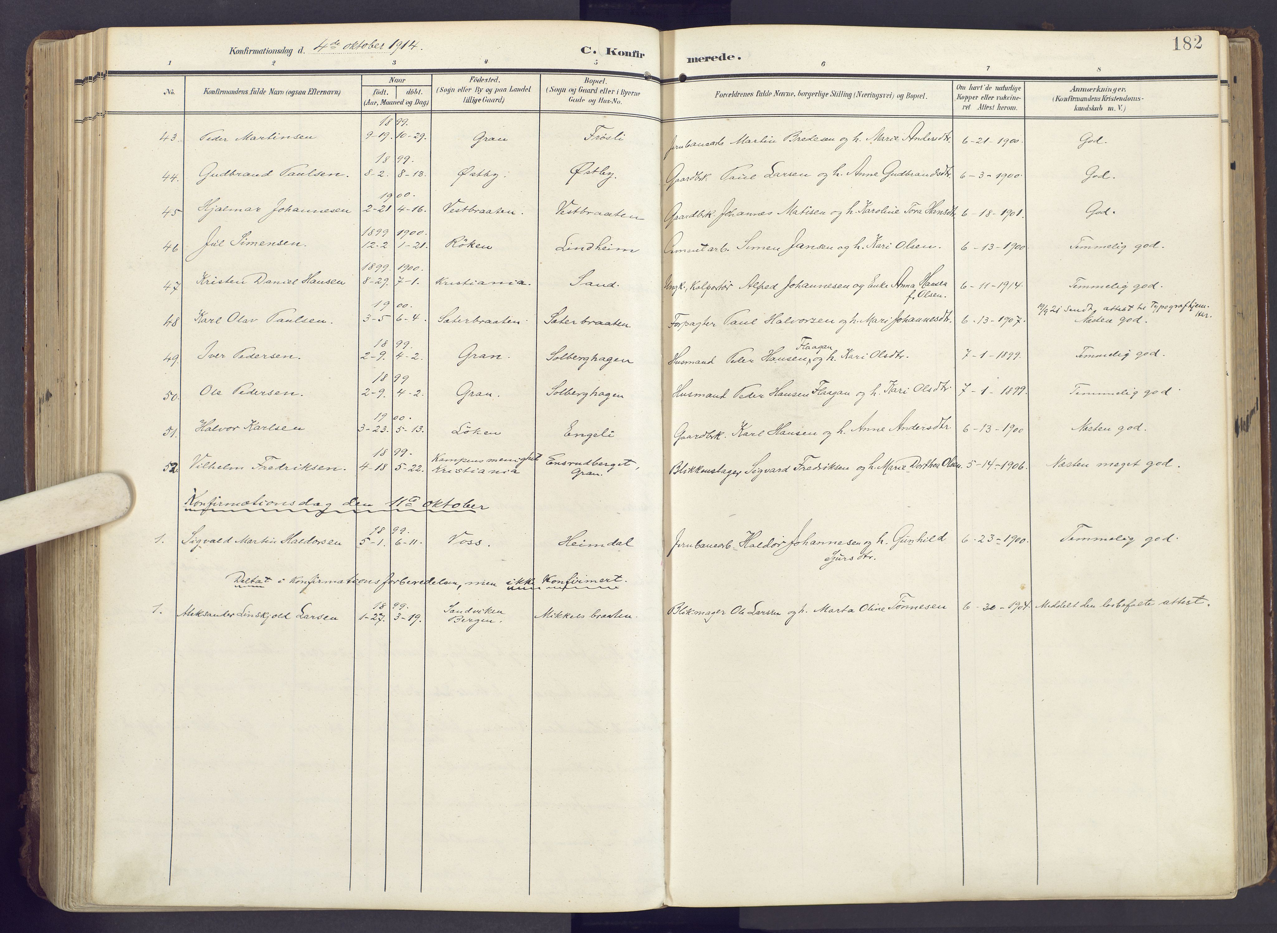 Lunner prestekontor, SAH/PREST-118/H/Ha/Haa/L0001: Ministerialbok nr. 1, 1907-1922, s. 182